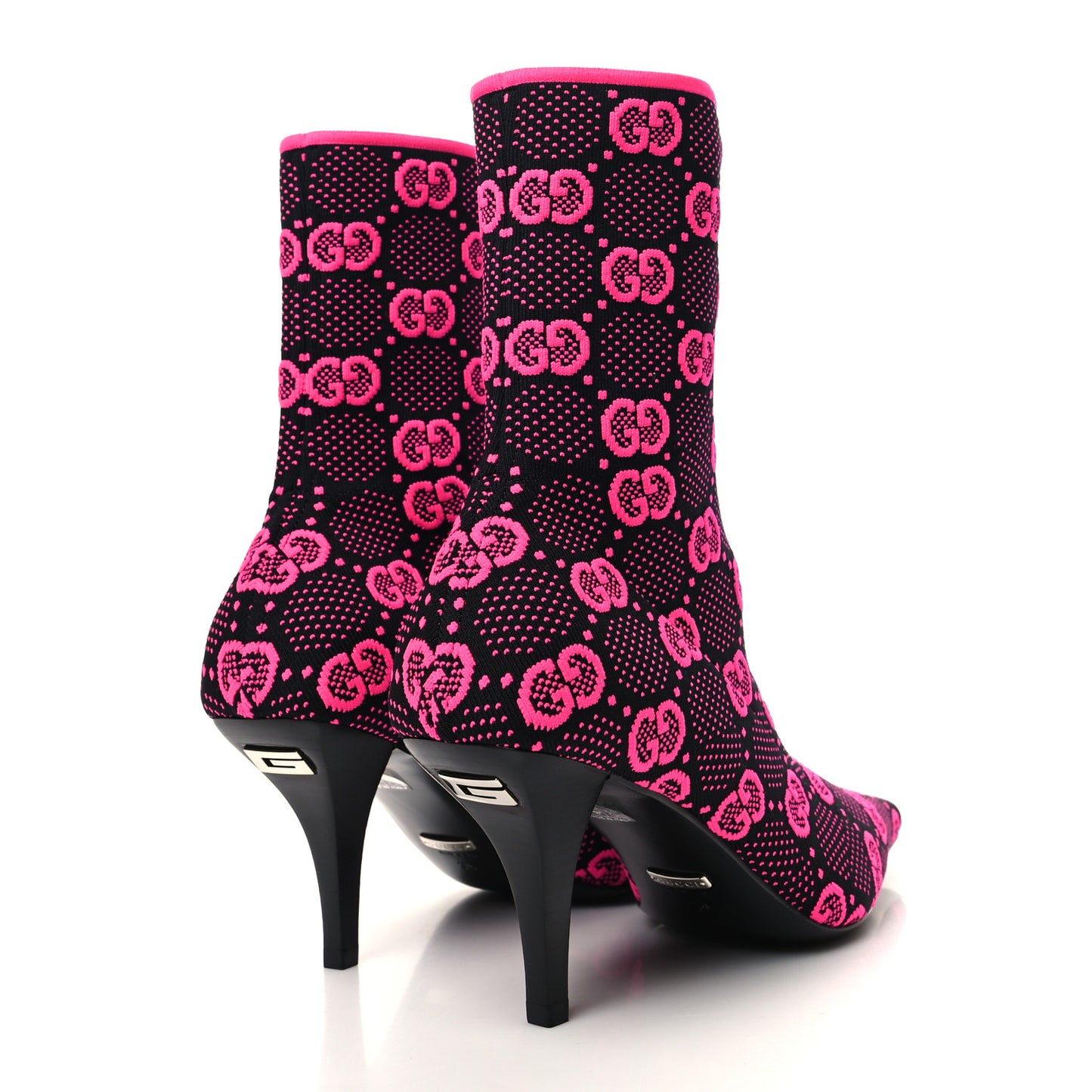 Technical Jersey Knit GG Monogram Square G 75mm Ankle Boots 38 Black Neon Fucsia