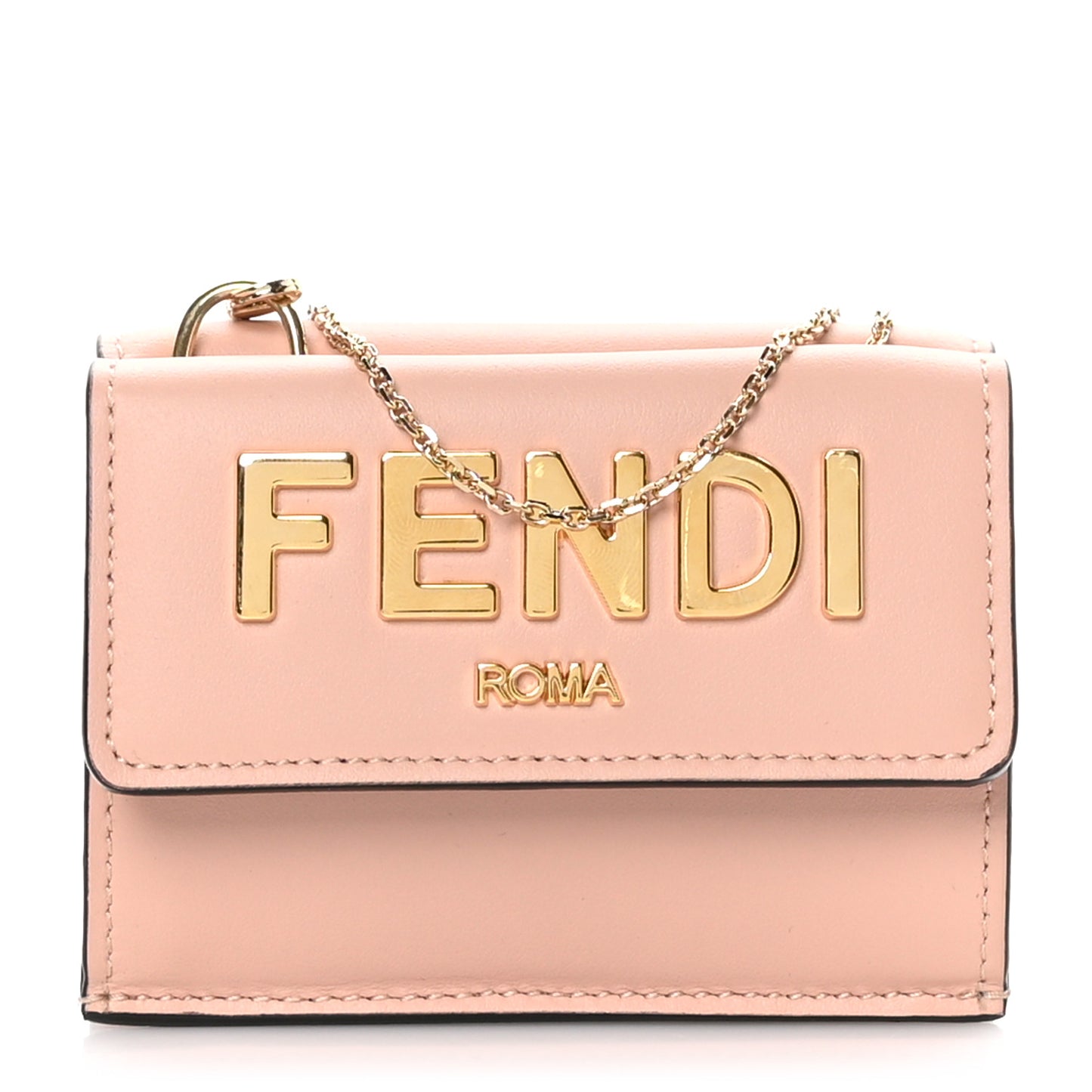 Vitello Kyoto Metal Fendi Roma Logo Micro Trifold Wallet with Chain Light Rose