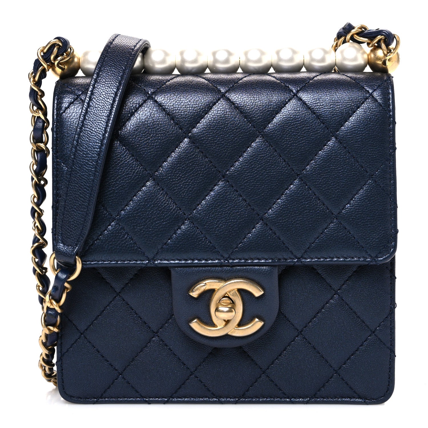 Chanel Iridescent Lambskin Quilted Chic Pearls Flap Navy Blue