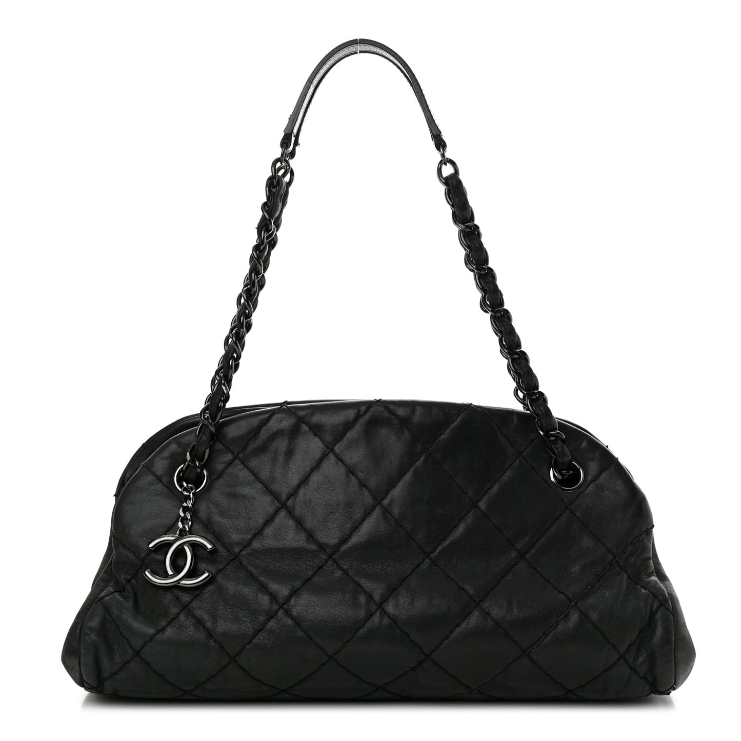 Iridescent Calfskin Stitched Just Mademoiselle Bowling Bag Black