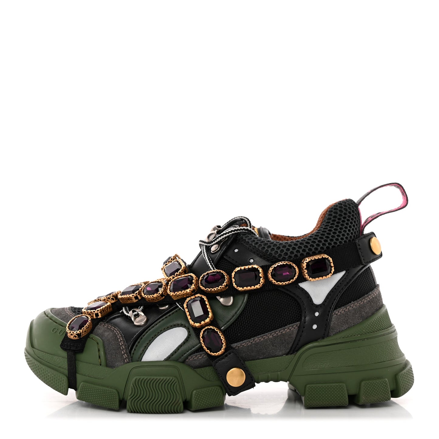 X SEGA Mesh Suede Calfskin Removable Crystals Mens Flashtrek Sneakers 36 Loess Black Olive Green