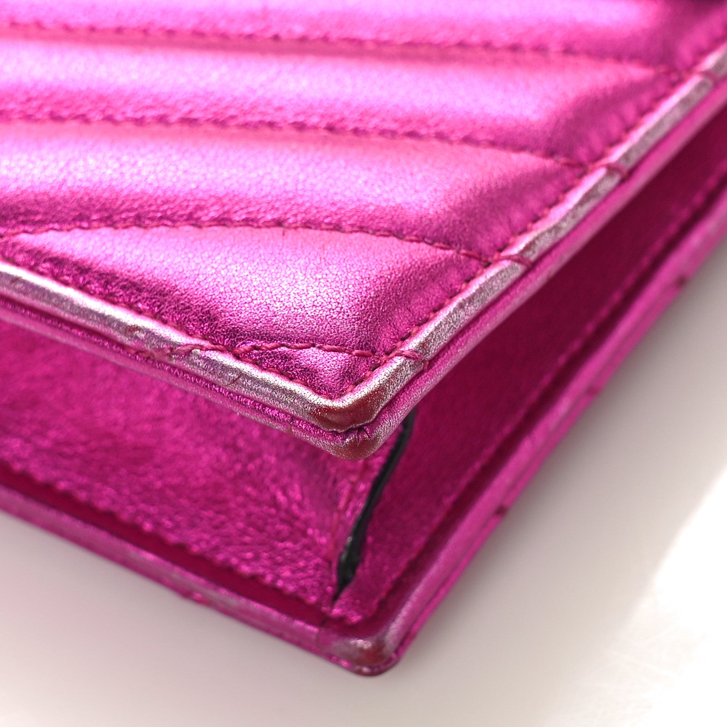 Saint Laurent Metallic Calfskin Matelasse Chevron Monogram Envelope Chain Wallet Fuchsia 8 of 10
