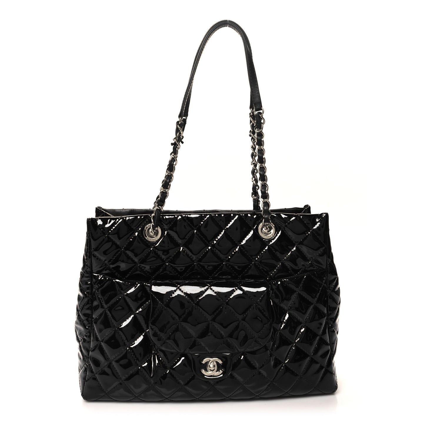 Patent Quilted Large Coco Shine Shopping Tote Black