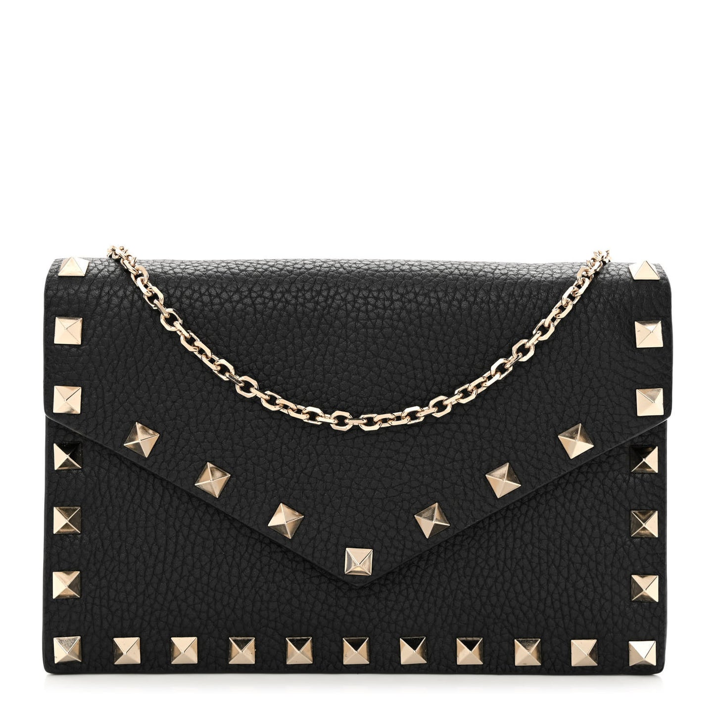 Pebbled Calfskin Rockstud Envelope Wallet on Chain Black