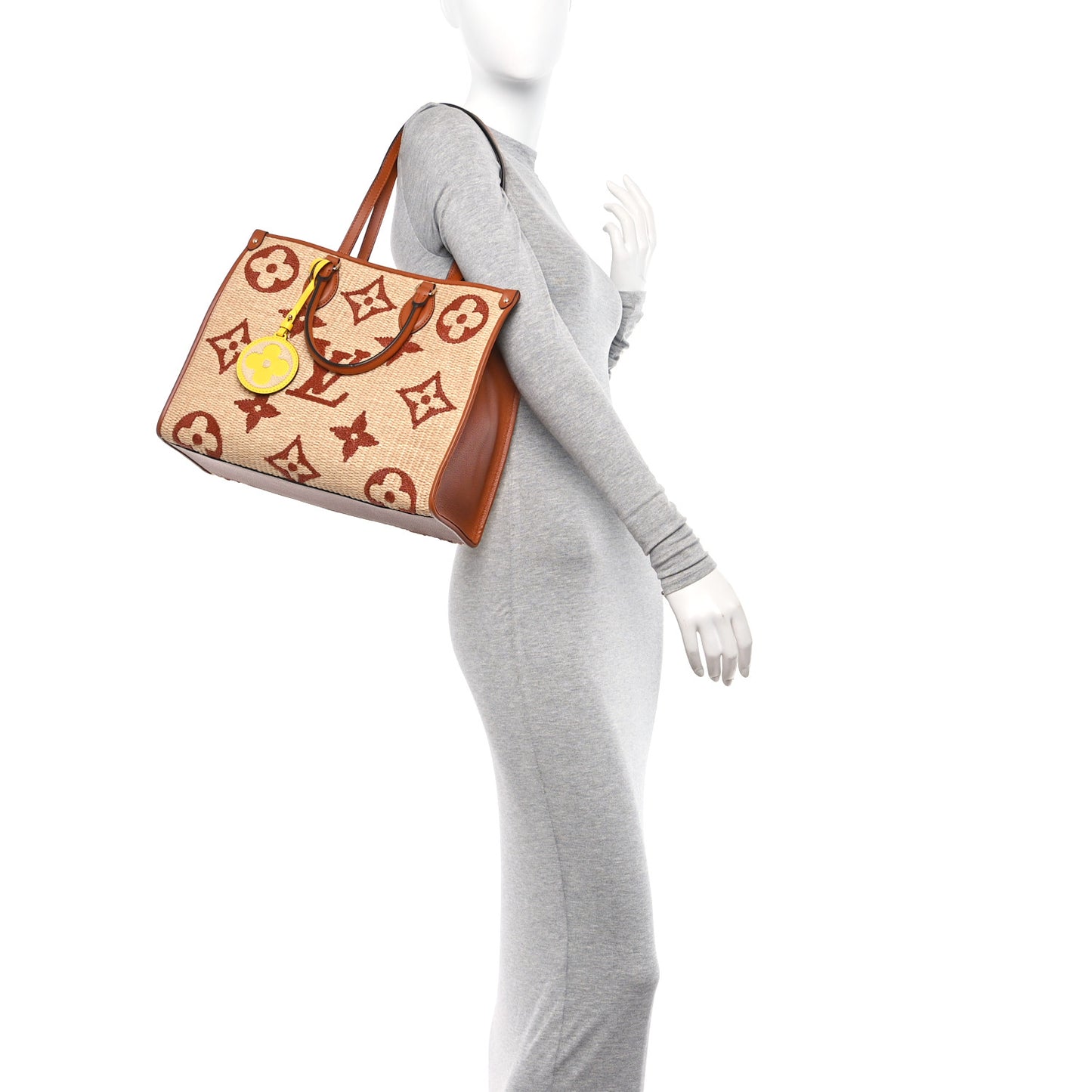 Raffia Calfskin Monogram Giant Onthego MM Tan