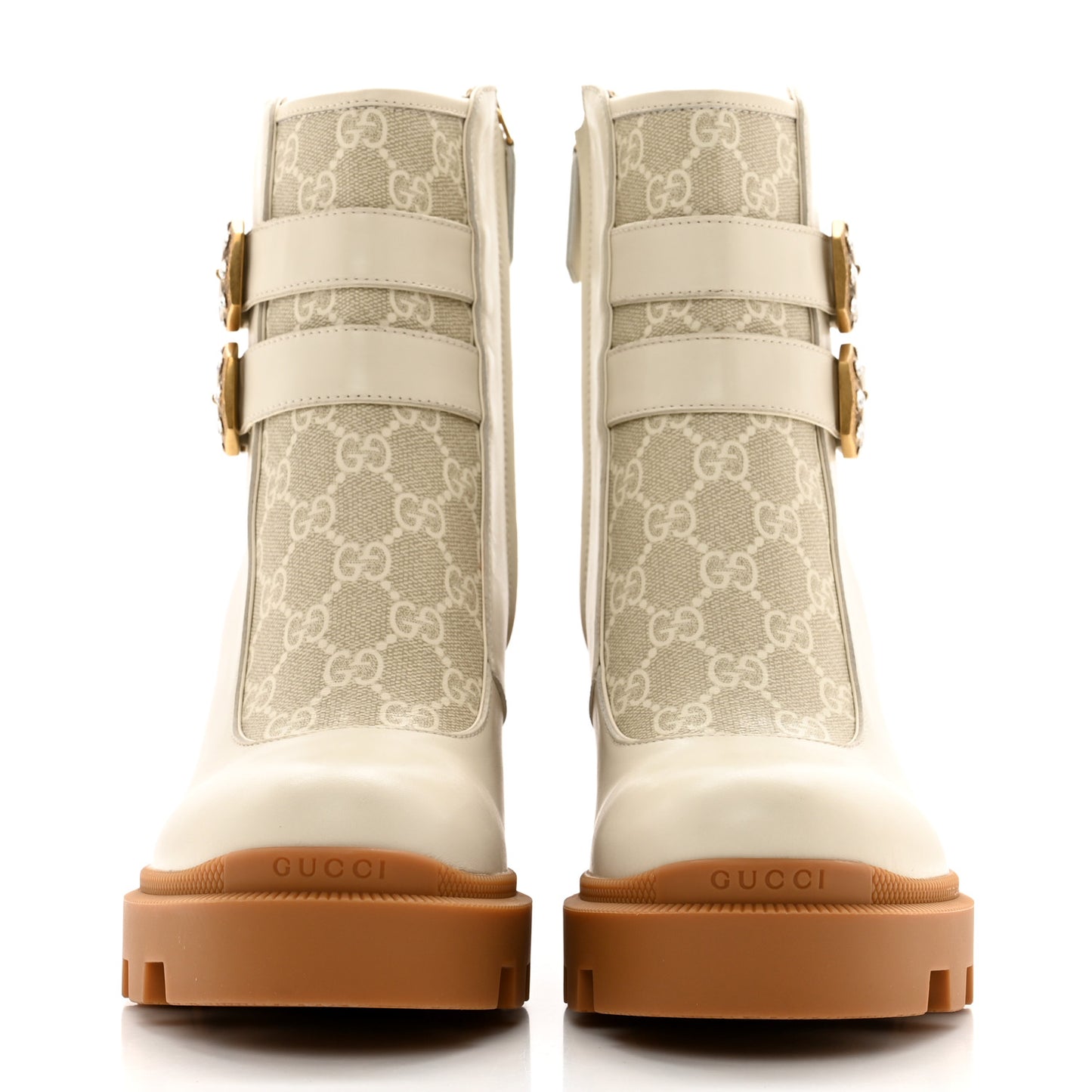 Kensington Calfskin Nappa GG Supreme Monogram Womens Double Buckle Ankle Boots 39 Mystic White Beige