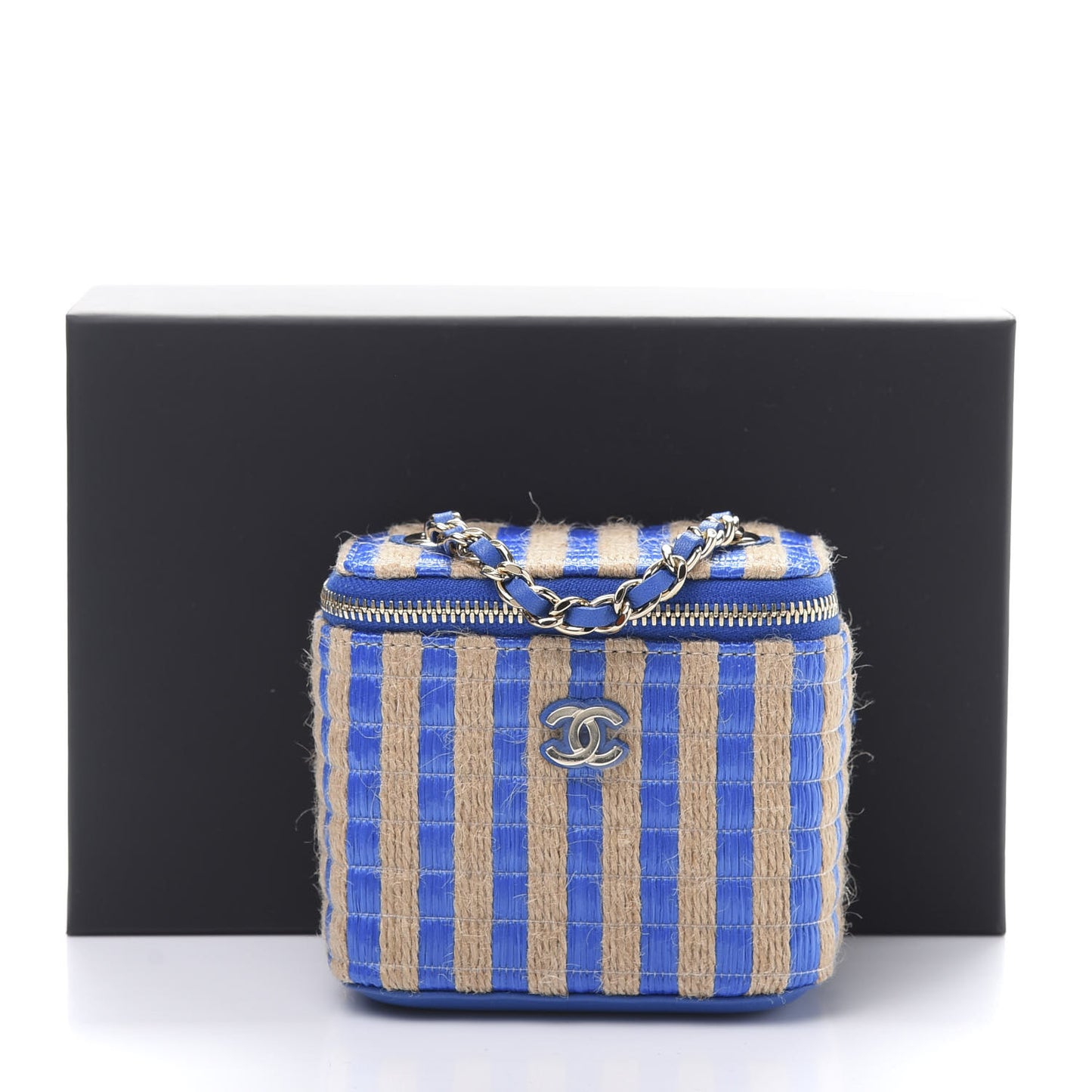 Raffia Jute Striped Mini Vanity Case With Chain Blue Beige