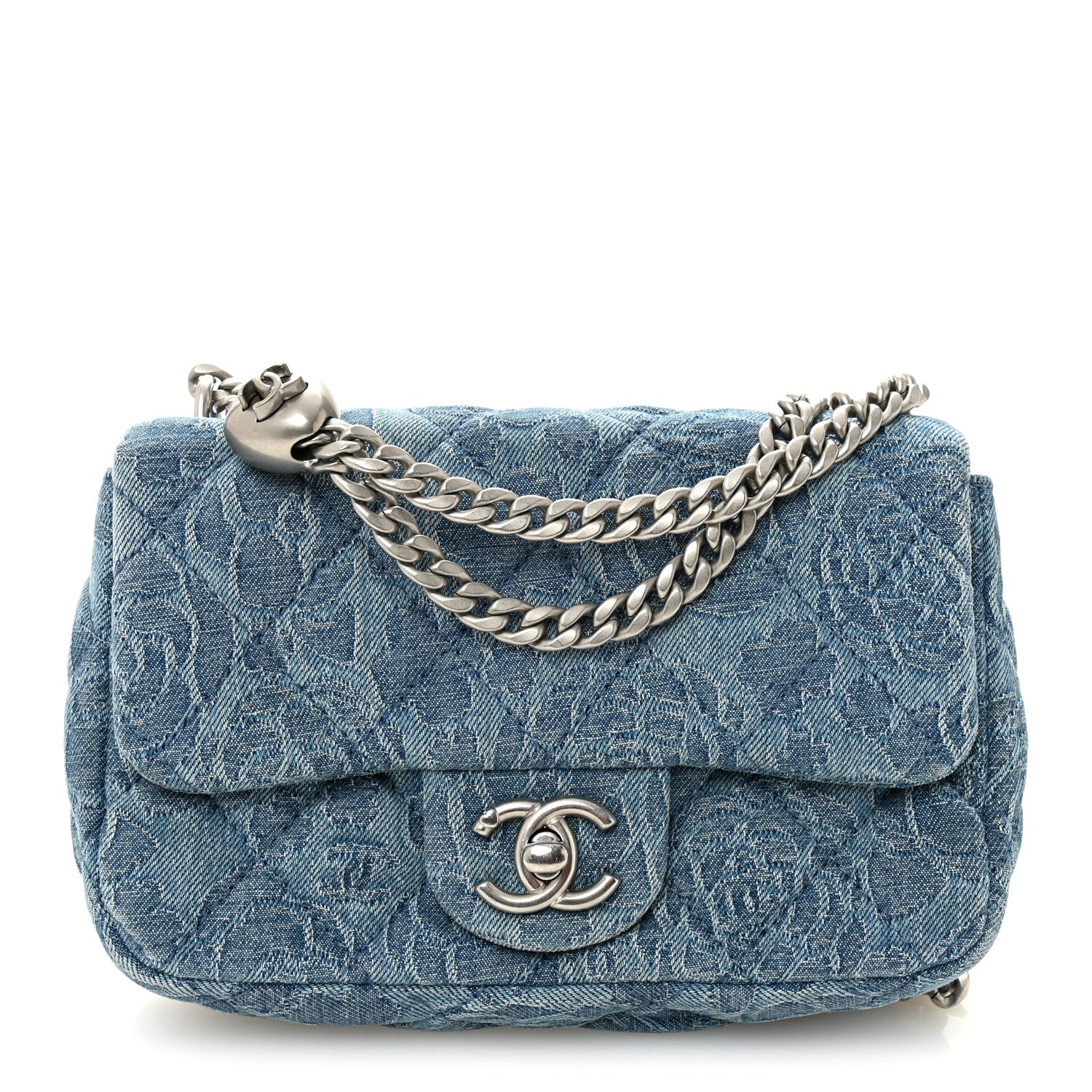 Chanel Denim Quilted Camellia Sweetheart Mini Rectangular Flap