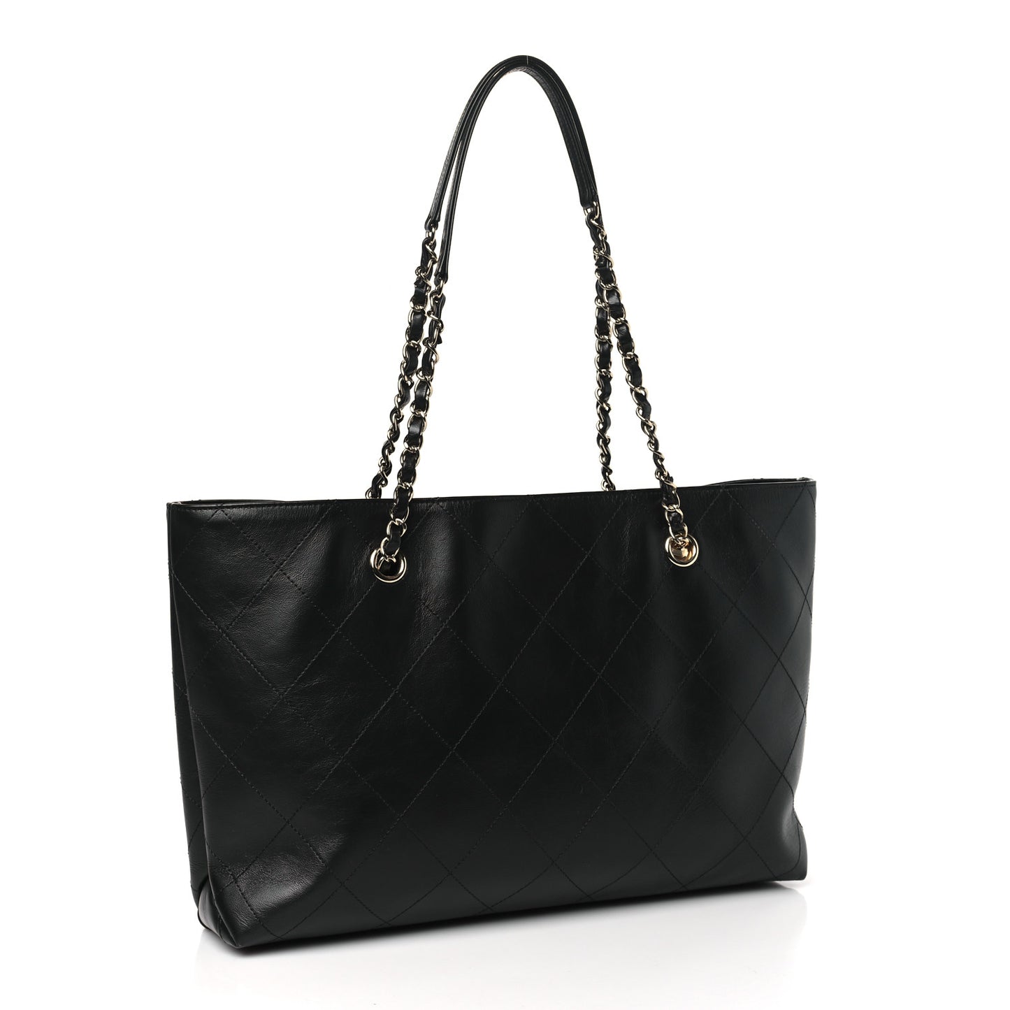 Glazed Calfskin Stitched Shopping Tote Black