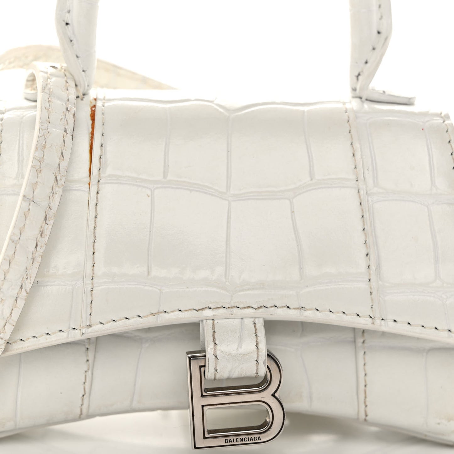 Shiny Calfskin Crocodile Embossed Hourglass Top Handle Bag XS White