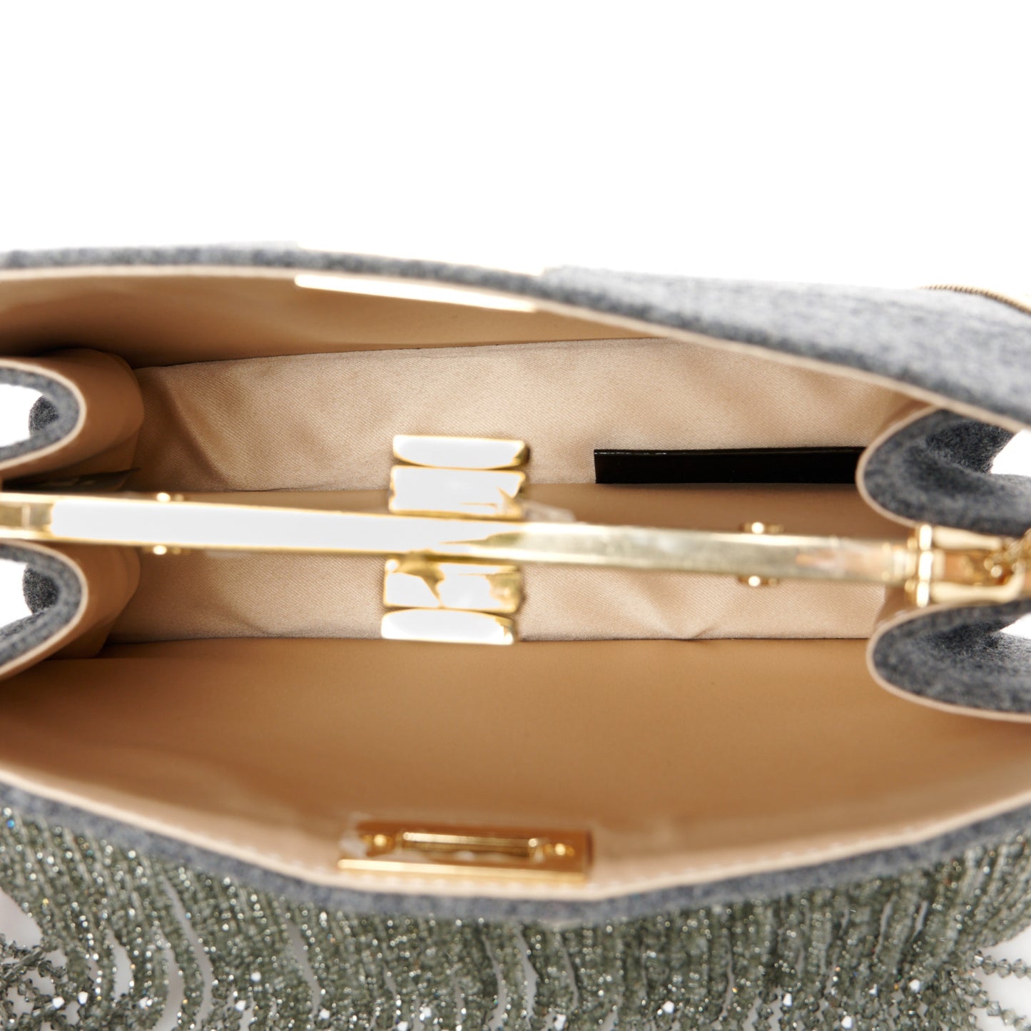 Flannel Bead Embroidered Small Peekaboo I SEE U East West Chain Satchel Grigio Bois de Rose