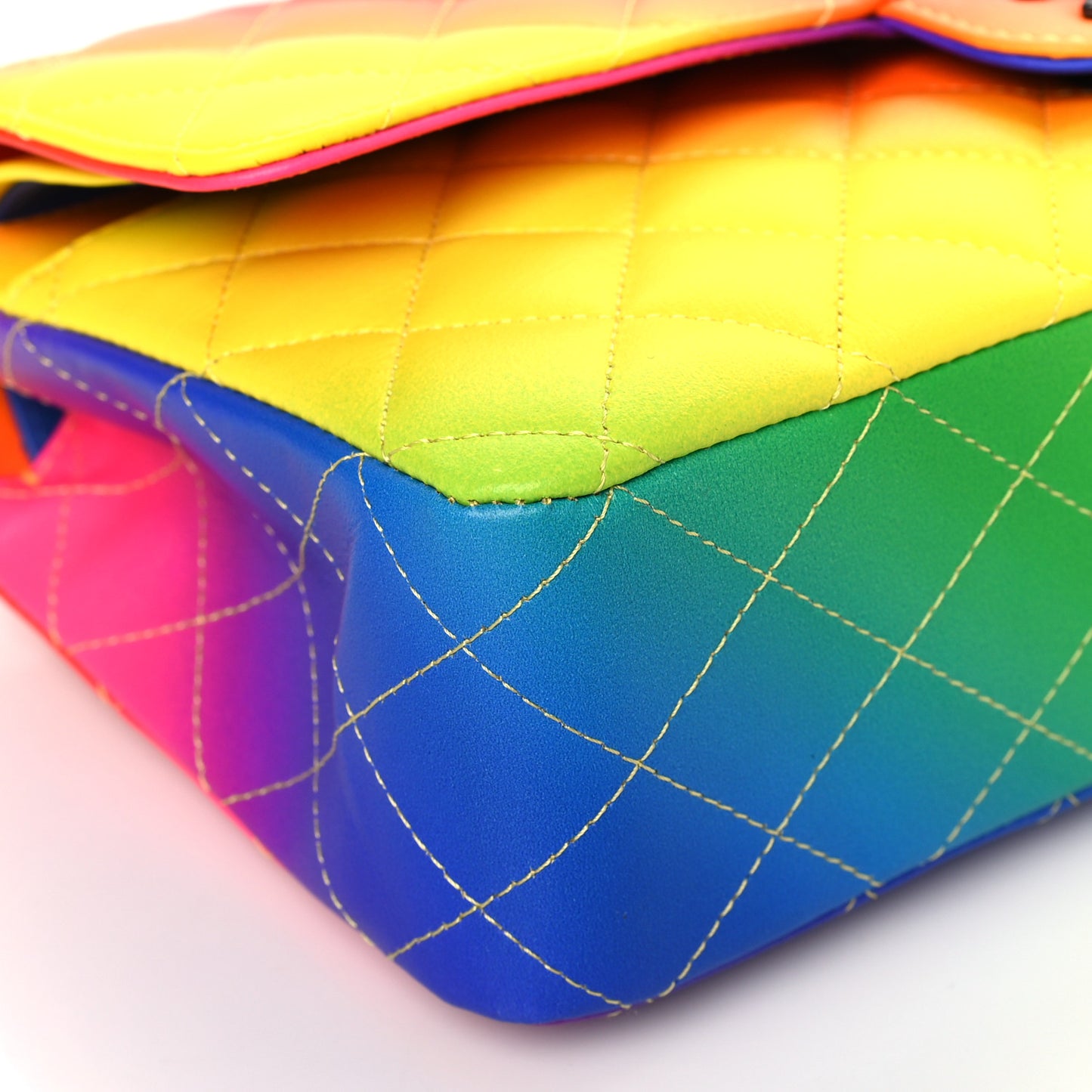 Calfskin Quilted Medium Rainbow Double Flap Multicolor