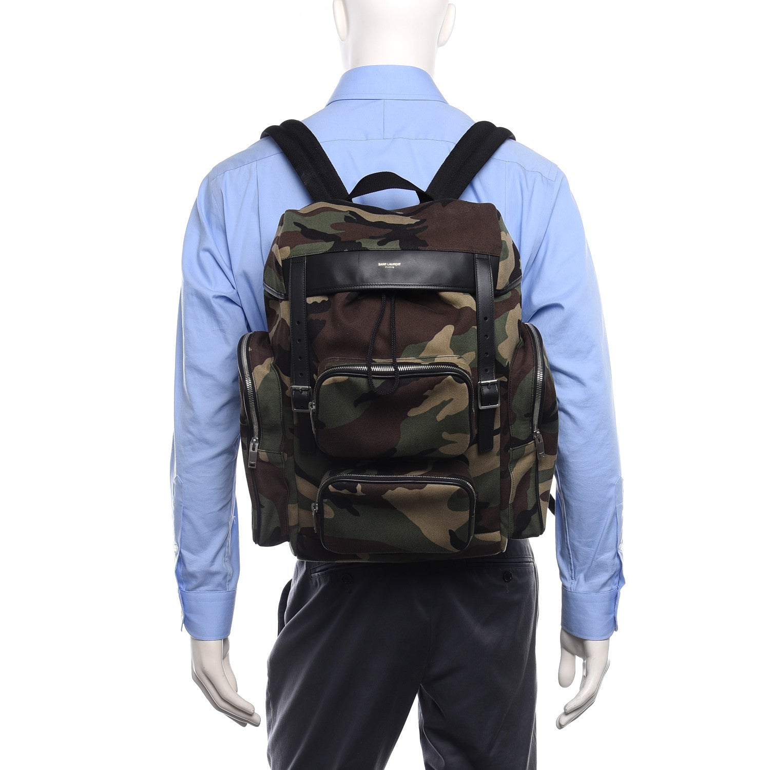 Saint Laurent Canvas Calfskin Camouflage Utilitarian Backpack Kaki Black 2 of 9