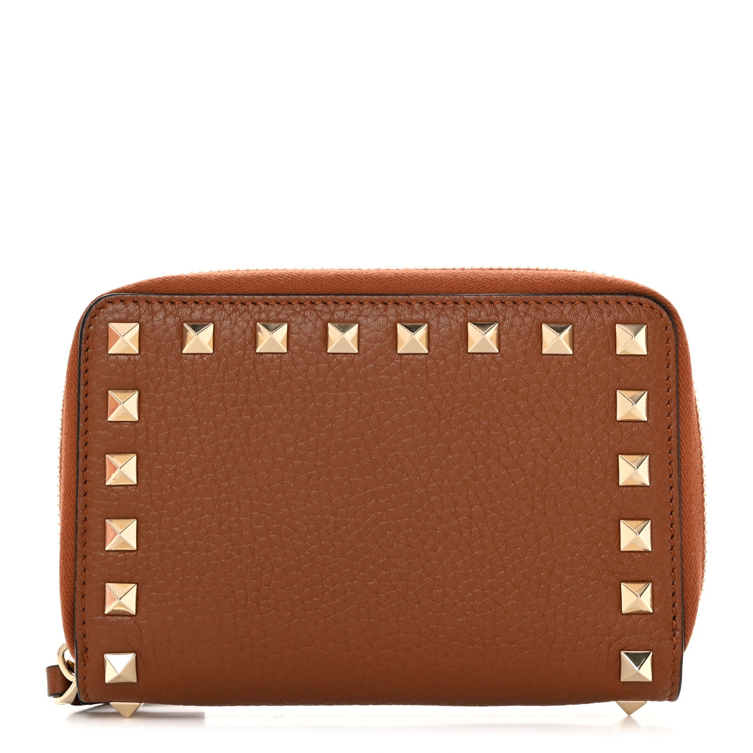 Valentino Garavani Pebbled Calfskin Rockstud Compact Zip Around Wallet Bright Cognac 1 of 8