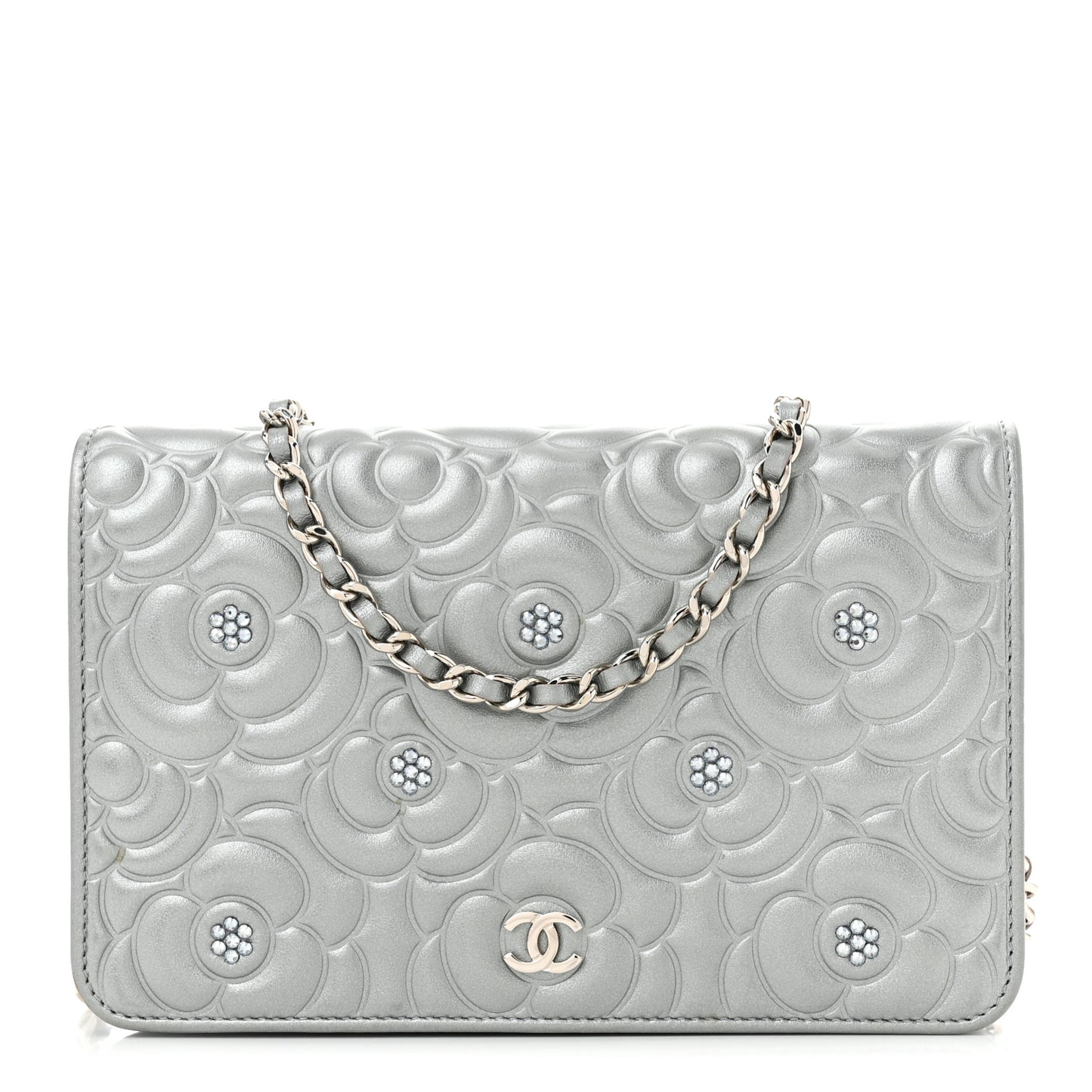 Metallic Lambskin Camellia Crystal Wallet on Chain WOC Silver