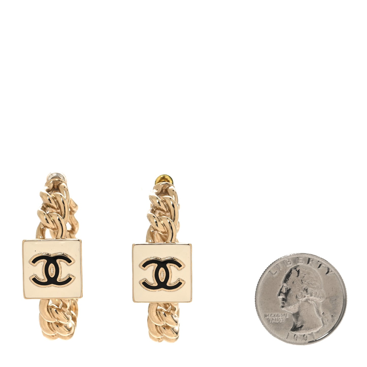 Metal Enamel CC Square Chain Hoop Earrings Gold White