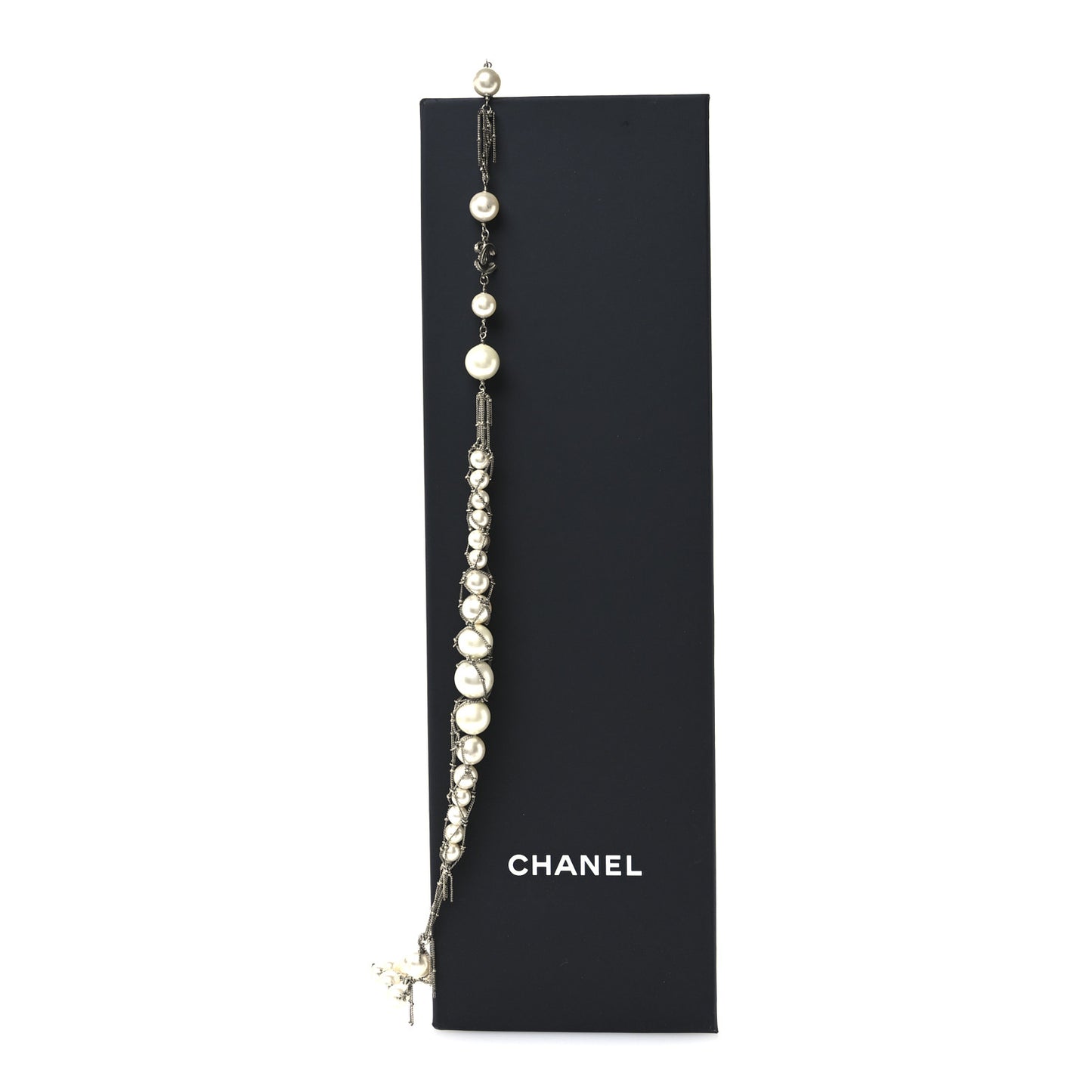Crystal Pearl Multi Strand Chain CC Long Necklace Silver