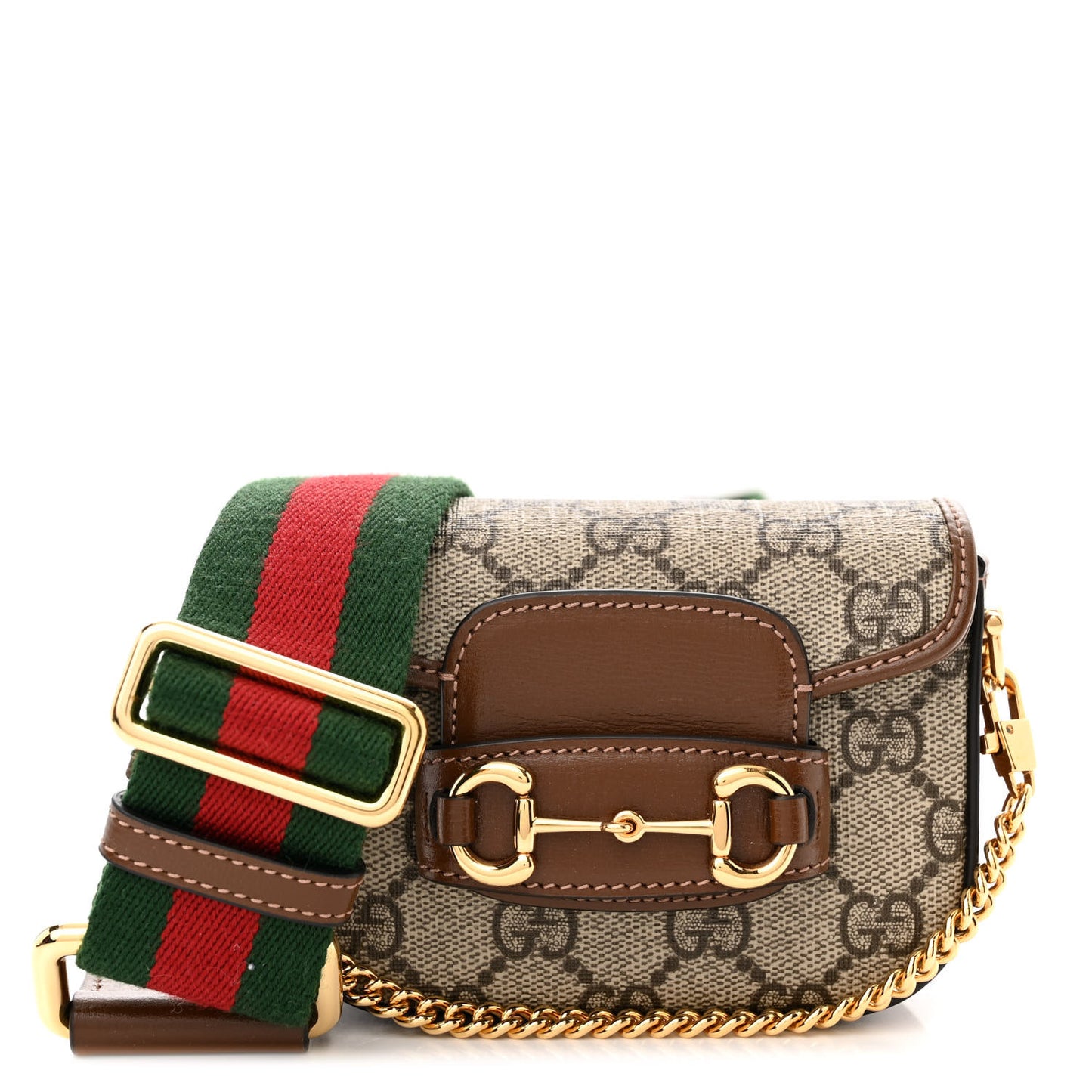 GG Supreme Monogram Azalea Calfskin Web Horsebit 1955 Wallet On Strap Beige Ebony Brown Sugar