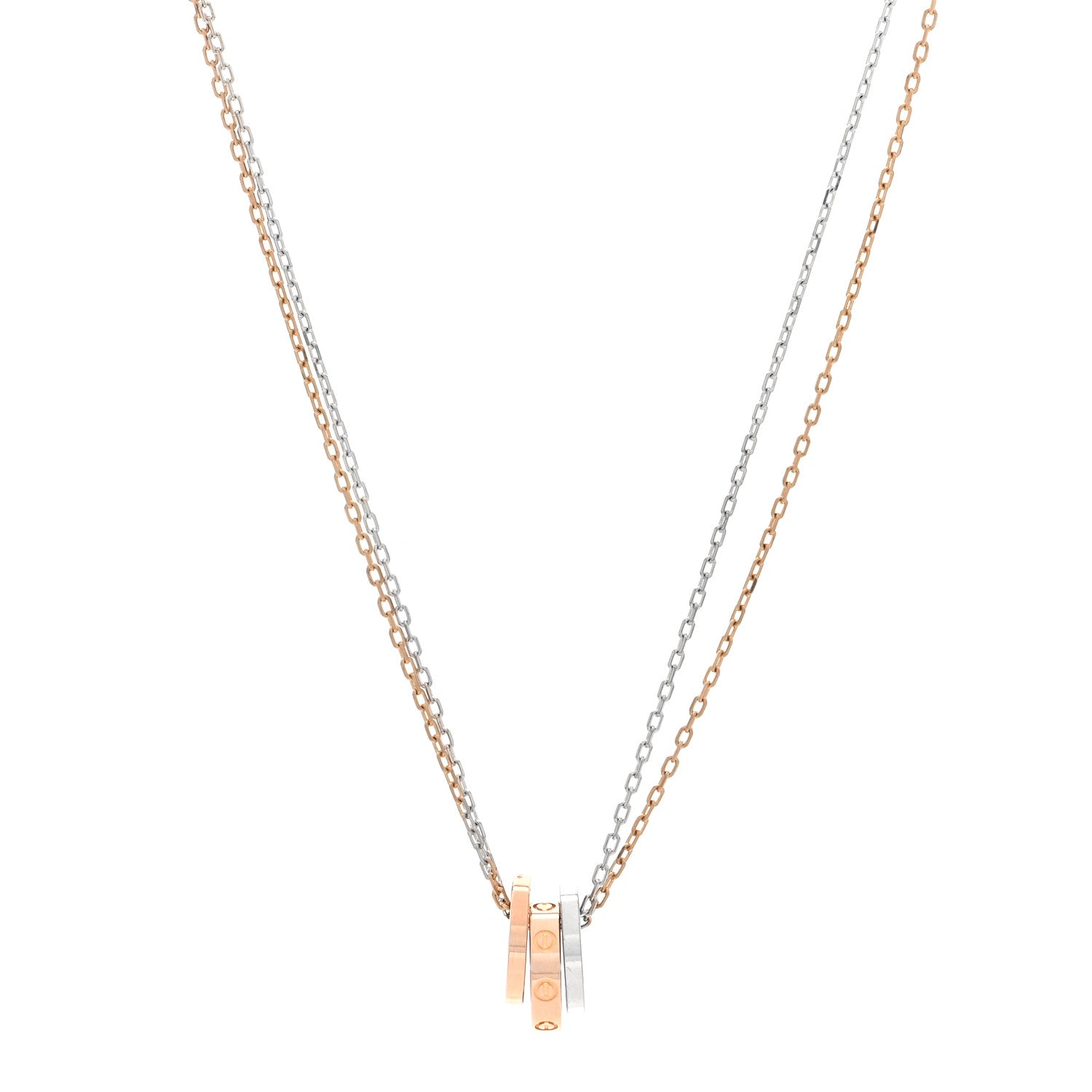 Cartier 18K White Pink Gold Diamond Three Ring LOVE Pendant Necklace 1 of 5
