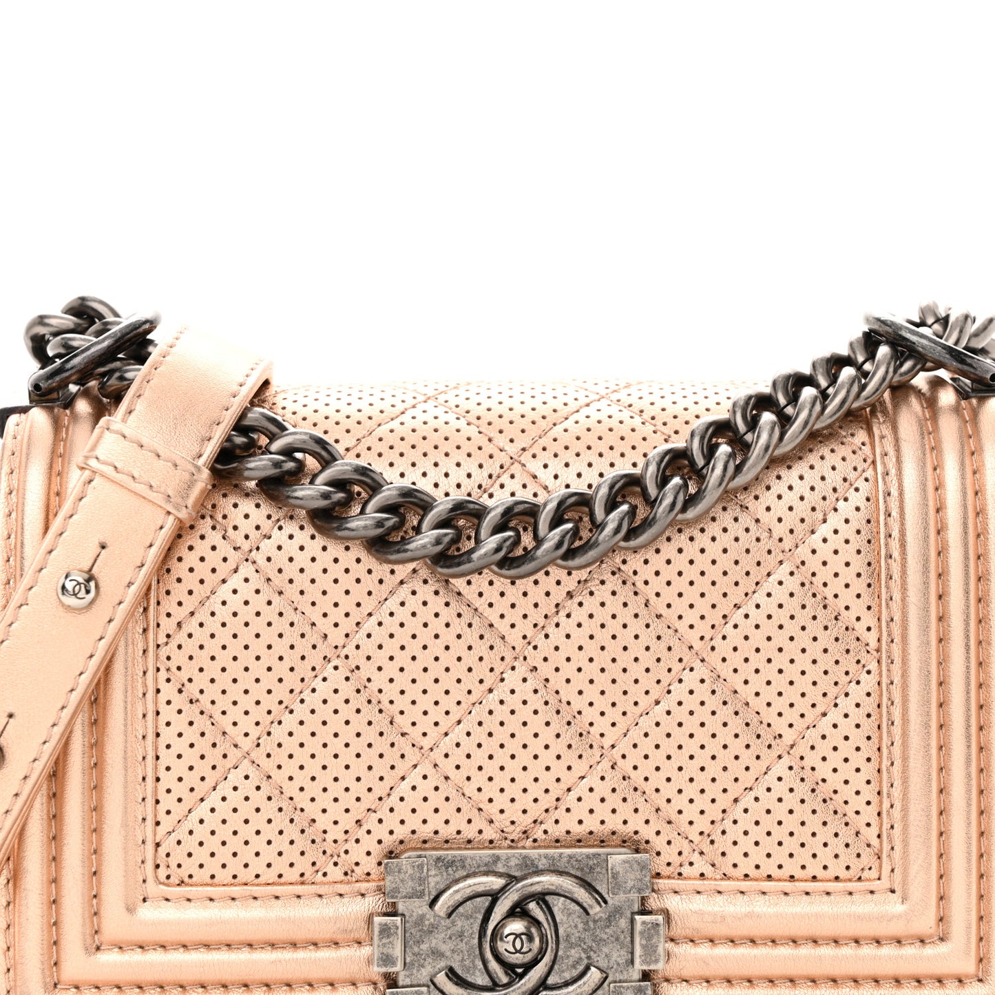 Metallic Calfskin Perforated Small Boy Flap Gold