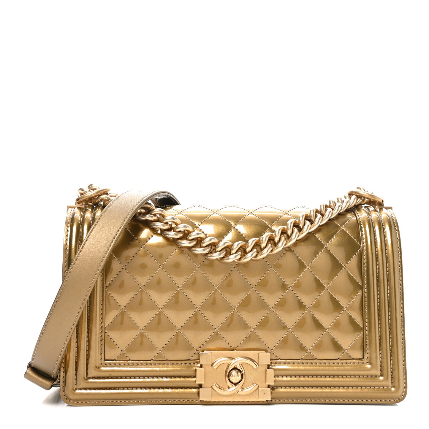 Metallic Patent Calfskin Quilted Medium Boy Flap Gold