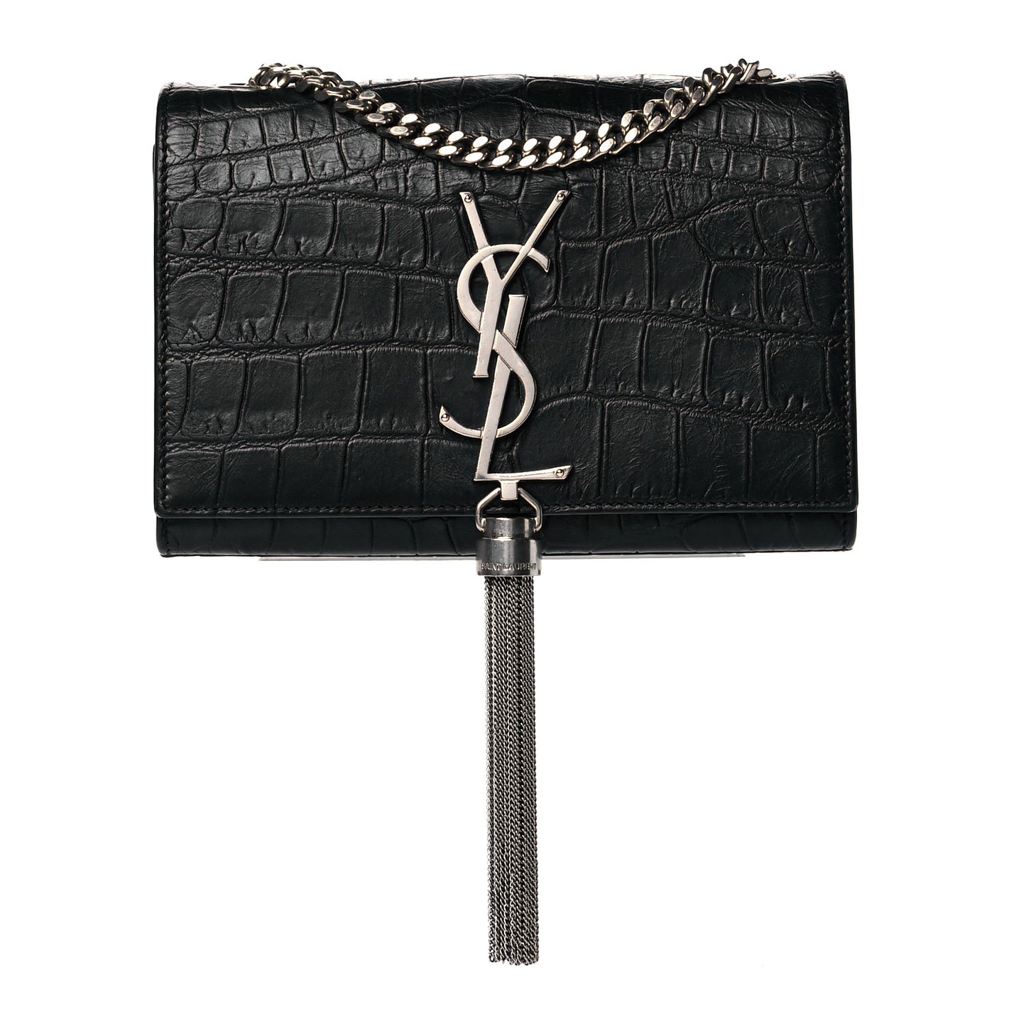 Calfskin Crocodile Embossed Monogram Small Kate Tassel Satchel Black