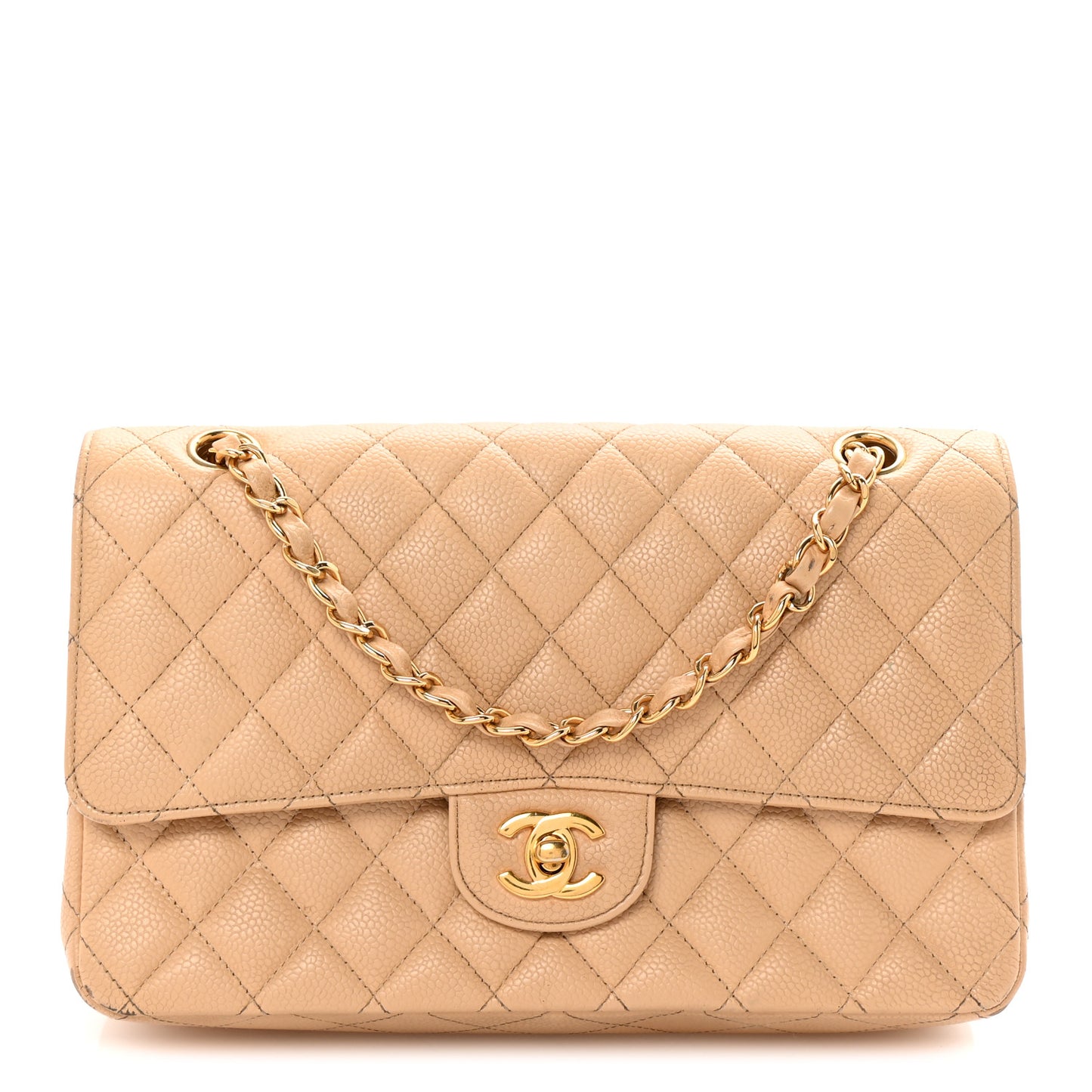 Caviar Quilted Medium Double Flap Beige