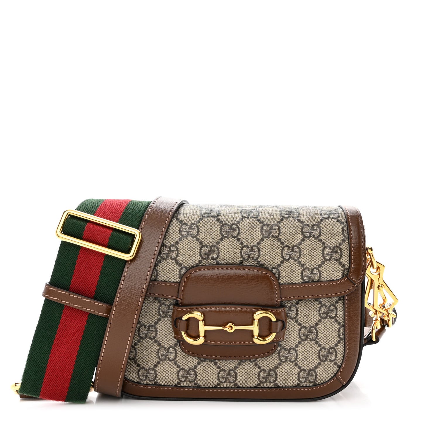 GG Supreme Monogram Azalea Calfskin Web Mini Horsebit 1955 Shoulder Bag Beige Ebony Brown Sugar