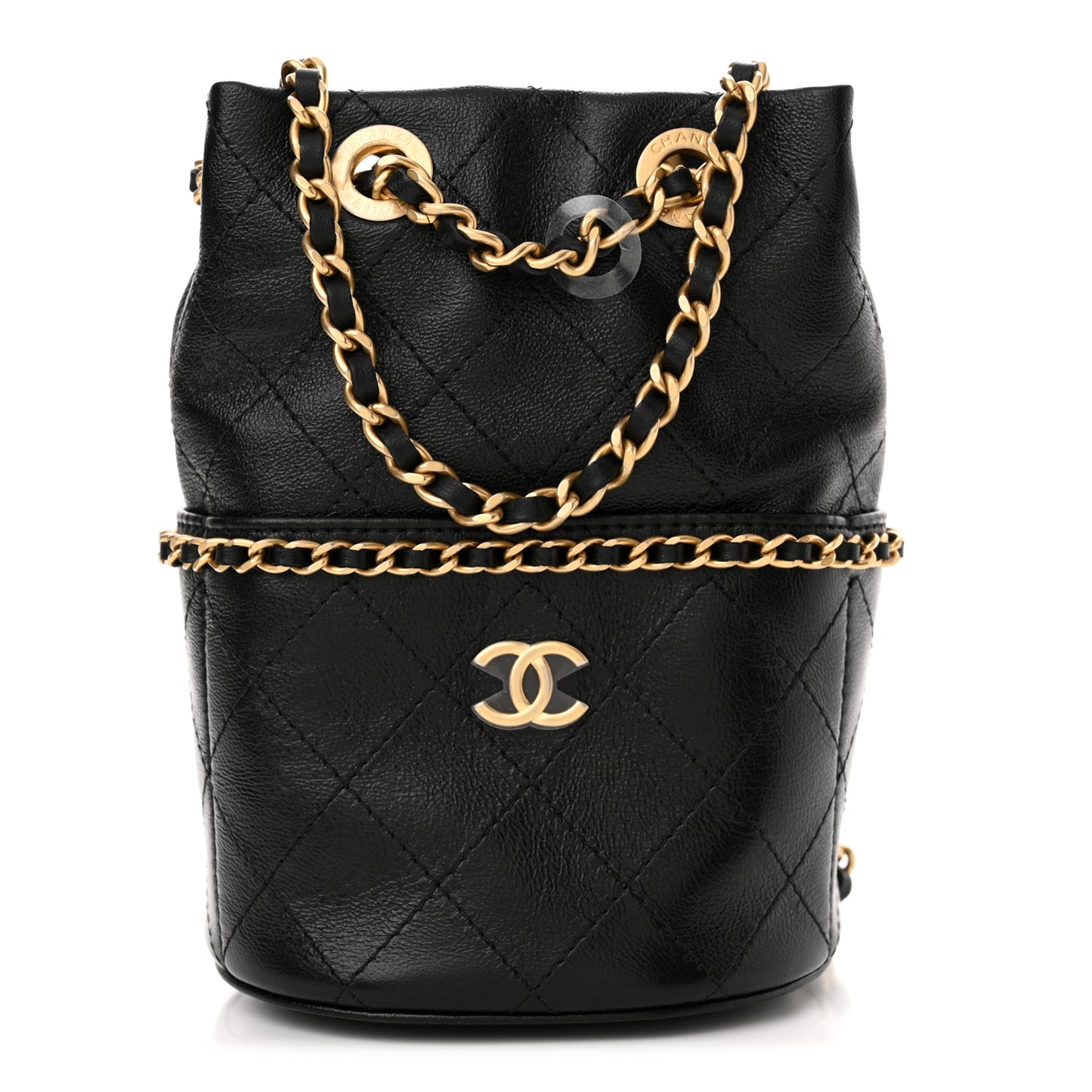 Shiny Lambskin Quilted Chain Around Drawstring Bucket Clutch With Chain Black