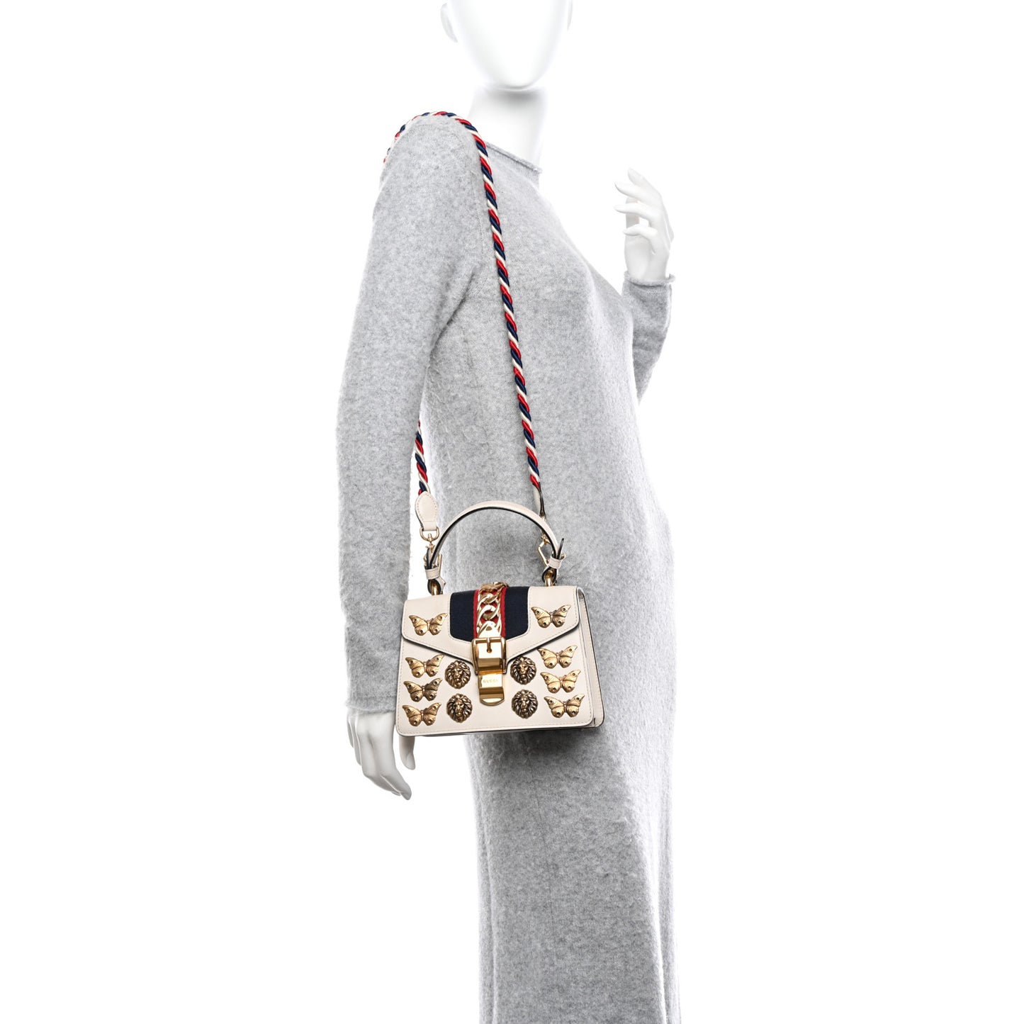 Calfskin Animal Studs Mini Sylvie Top Handle Bag White