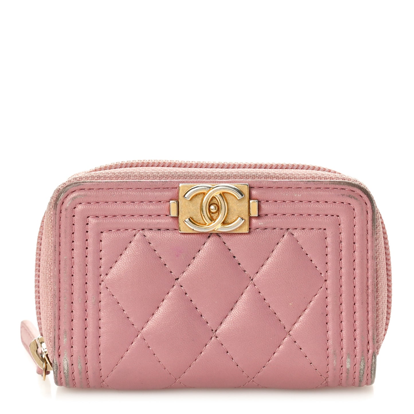 Metallic Lambskin Quilted Boy Zip Around Coin Purse Wallet Pink