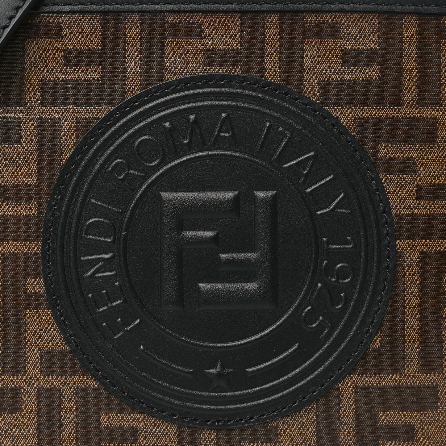Glazed Fabric Vitello Century F is Fendi FF 1974 Stamp Patch Camera Case Mogano Panna Black