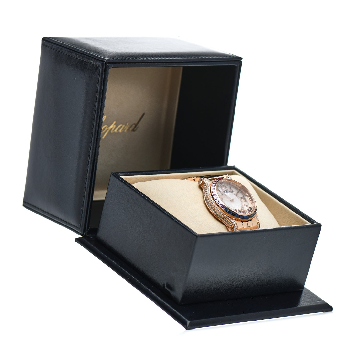 18K Rose Gold Diamond Mother of Pearl Multicolor Sapphire 36mm Happy Sport Automatic Watch