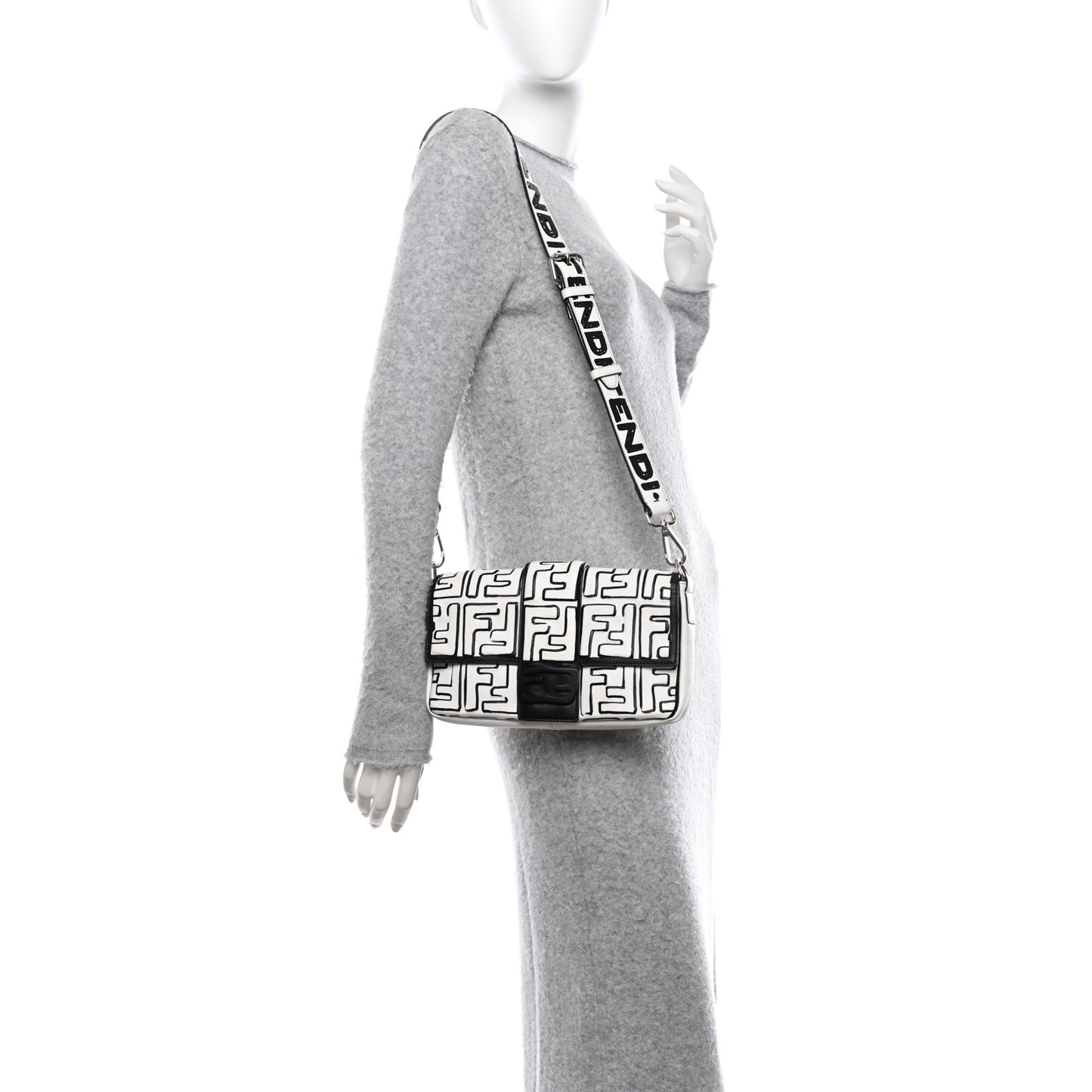 X JOSHUA VIDES Nappa FF Embossed Belt Baguette Bag White Black