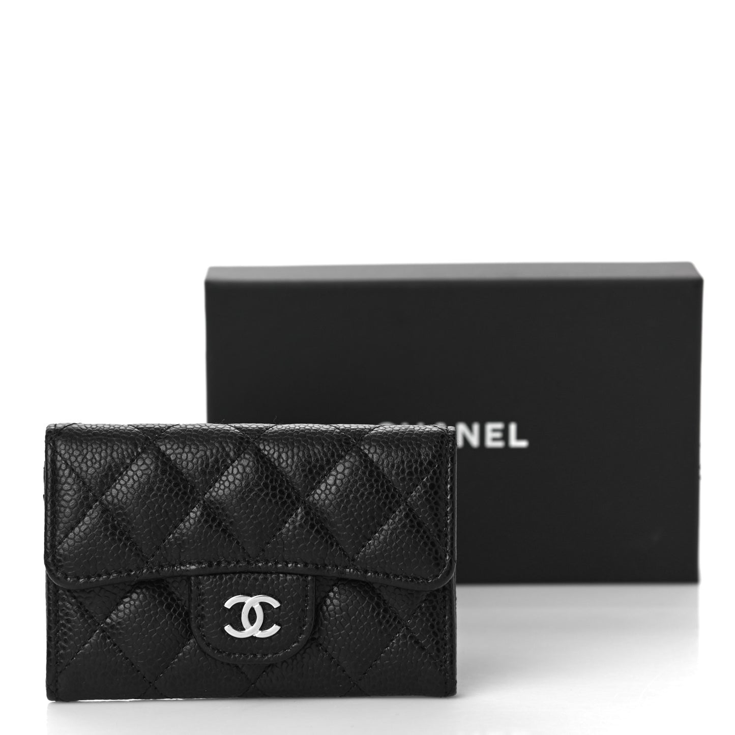 Caviar Quilted Flap Card Holder Wallet Black