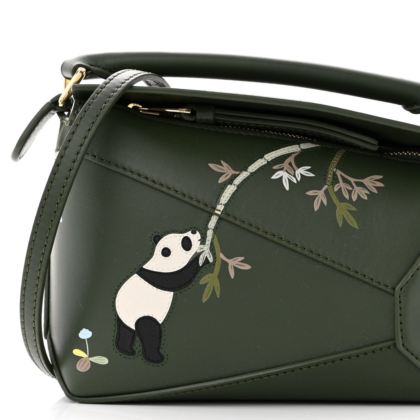 X SUNA FUJITA Satin Calfskin Mini Pandas Puzzle Edge Bag Bottle Green