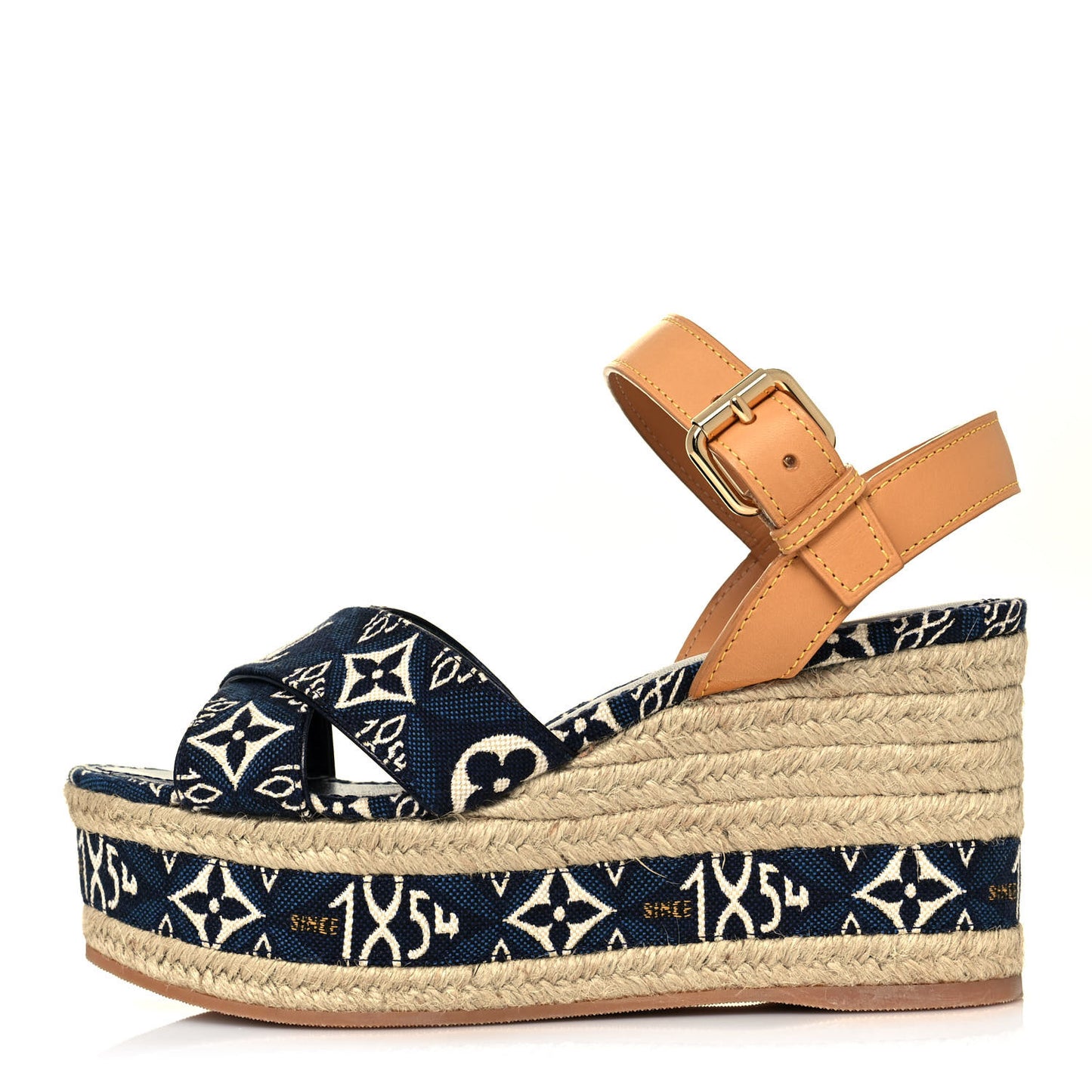 Jacquard Calfskin Since 1854 Boundary Wedge Sandals 35.5 Blue