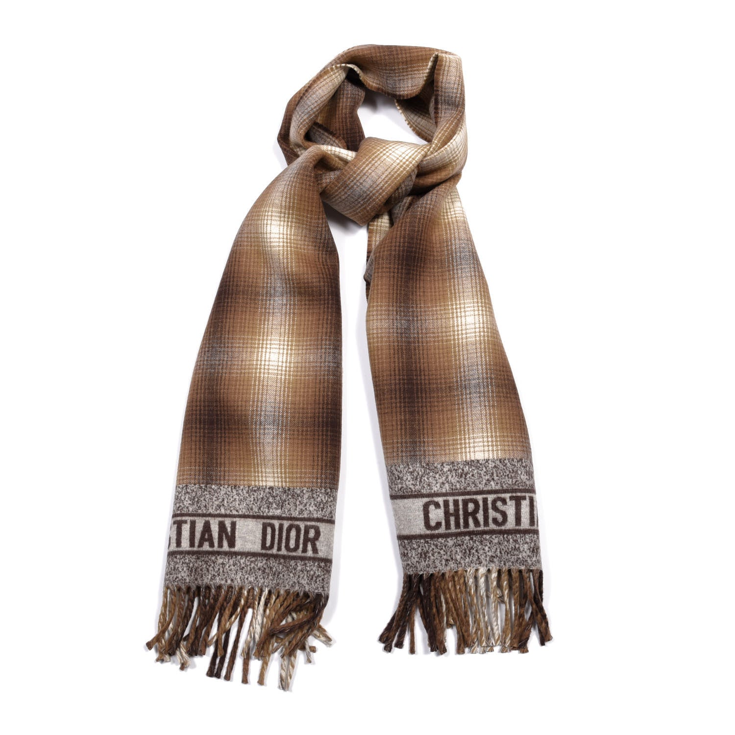 Christian Dior Wool Silk Blend Plaid Fringe Scarf Brown 1 of 4