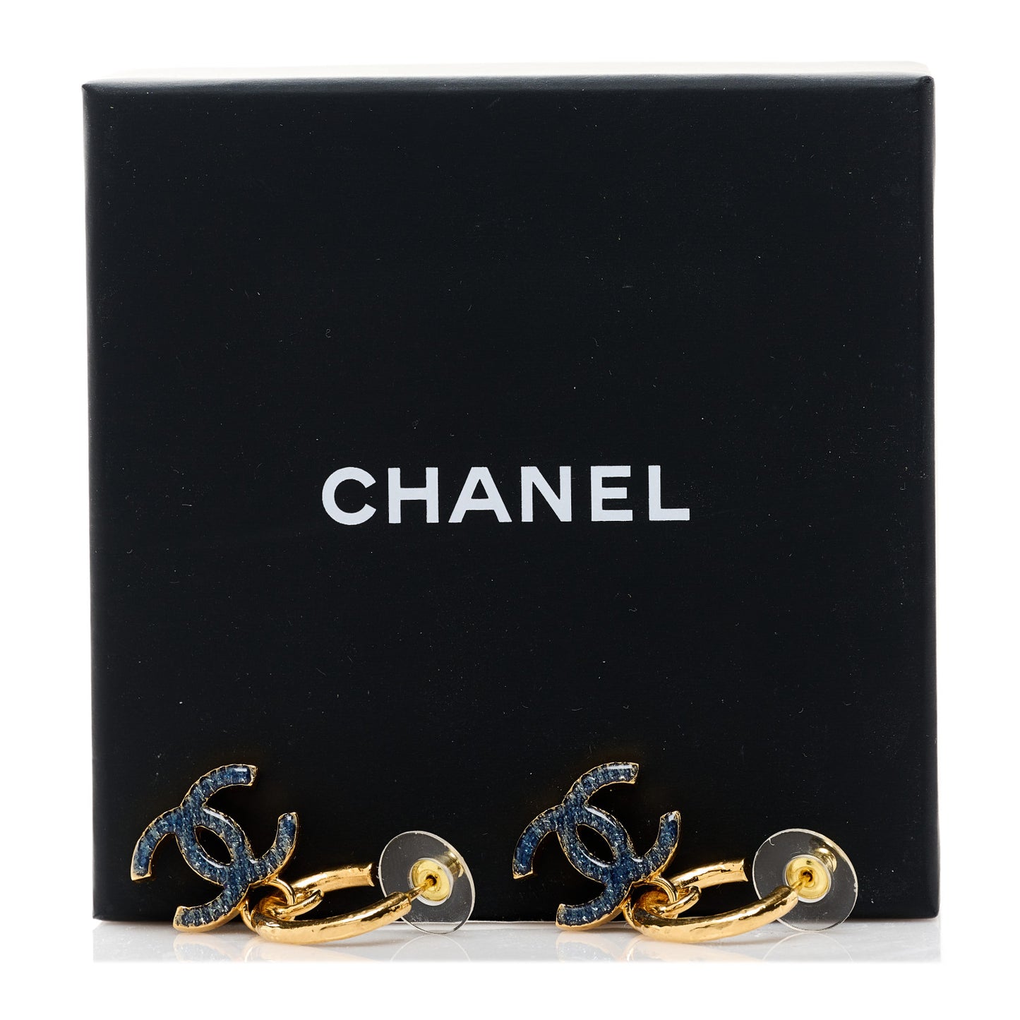 Metal Enamel CC Hoop Earrings Gold Denim Blue