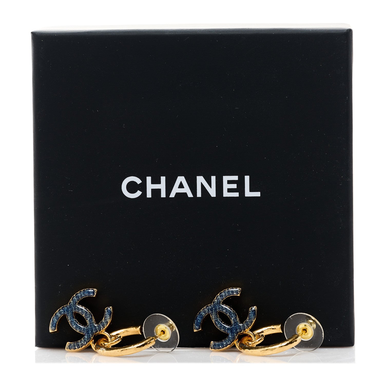 Chanel Metal Enamel CC Hoop Earrings Gold Denim Blue 3 of 4