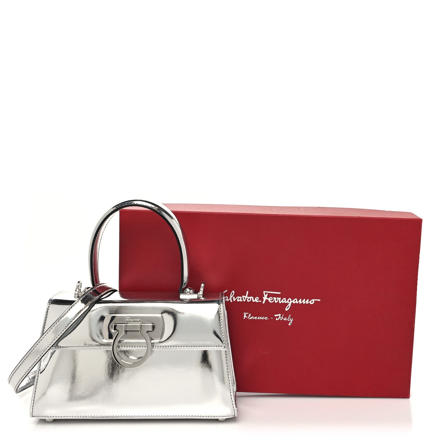 Salvatore Ferragamo Metallic Calfskin Small Iconic Top Handle Bag Argento 11 of 11
