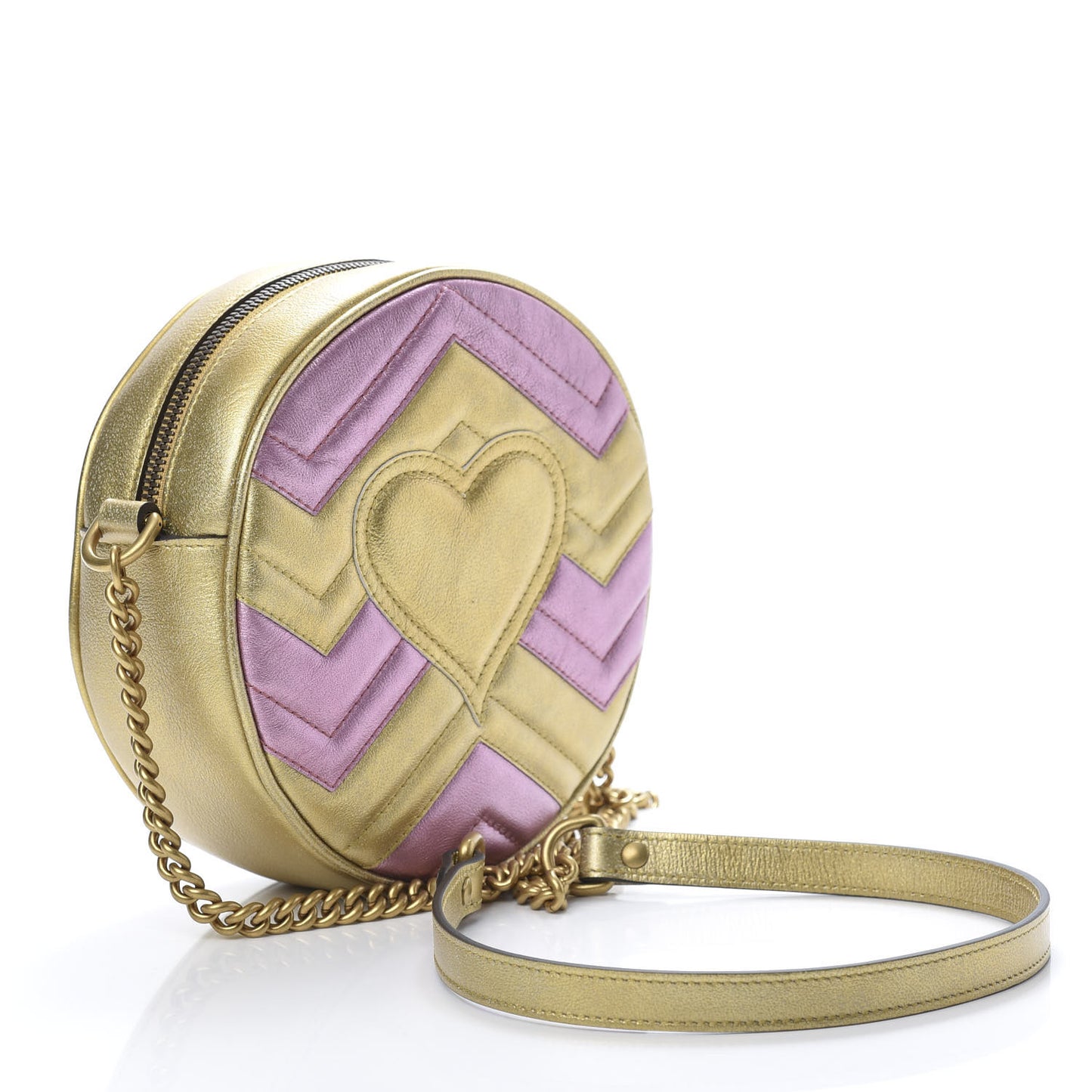 Metallic Calfskin Matelasse Mini GG Marmont Round Shoulder Bag Gold Pink