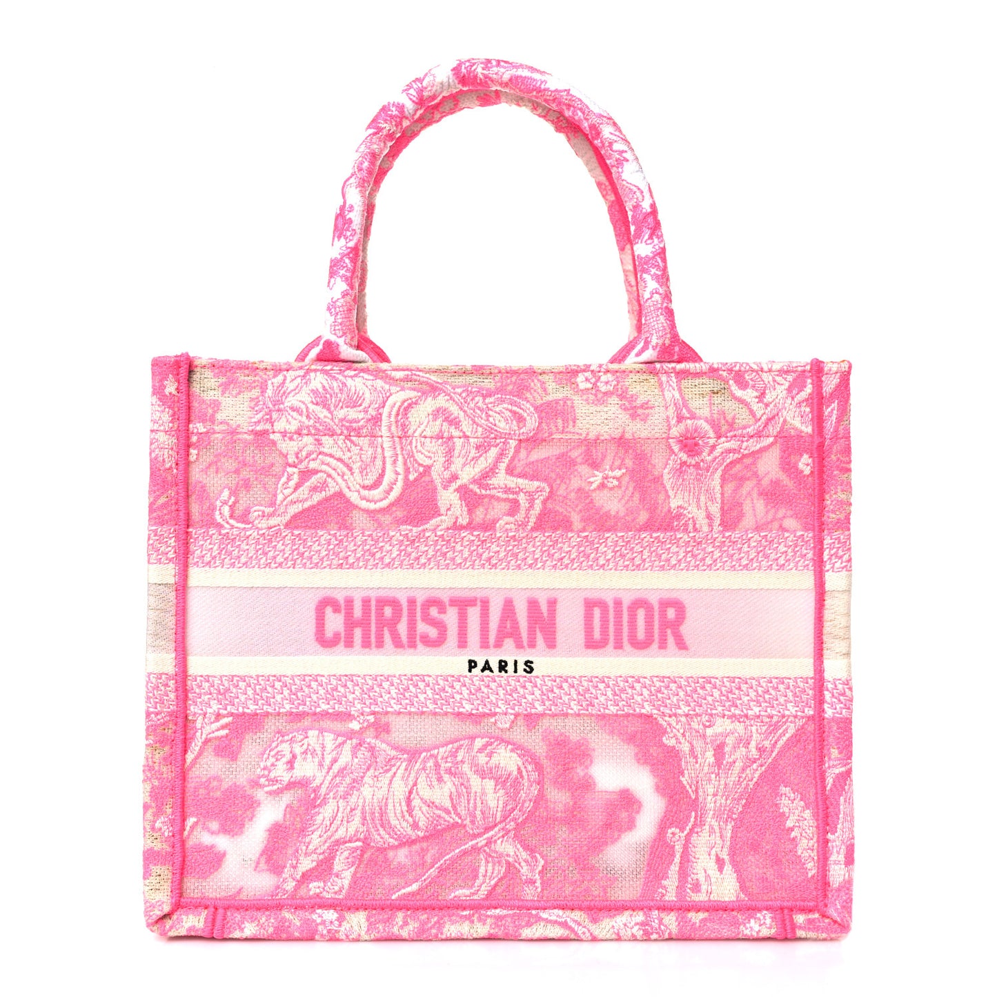Transparent Canvas Embroidered Small Toile De Jouy Reverse Book Tote Fluorescent Pink