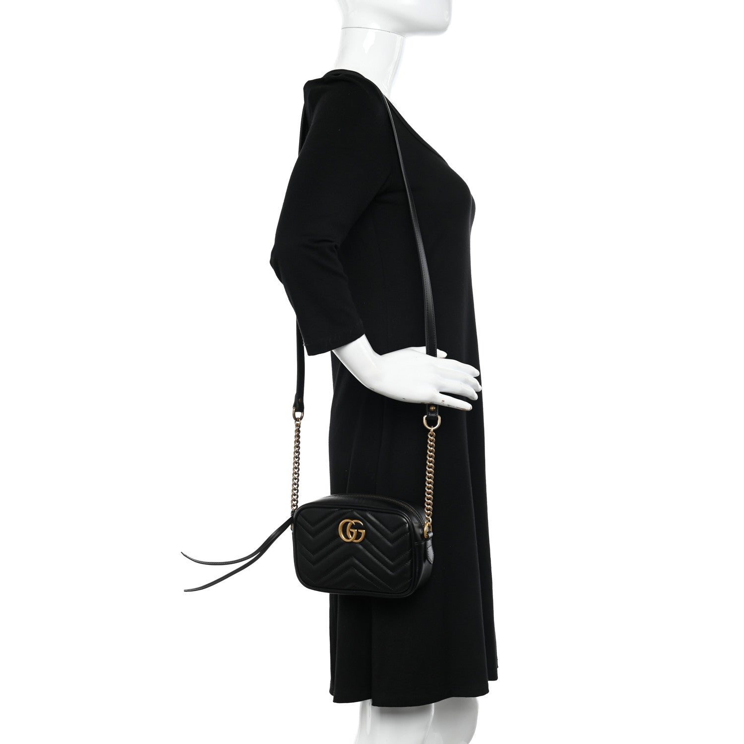 Gucci Calfskin Matelasse Mini GG Marmont Chain Shoulder Bag Black 2 of 10