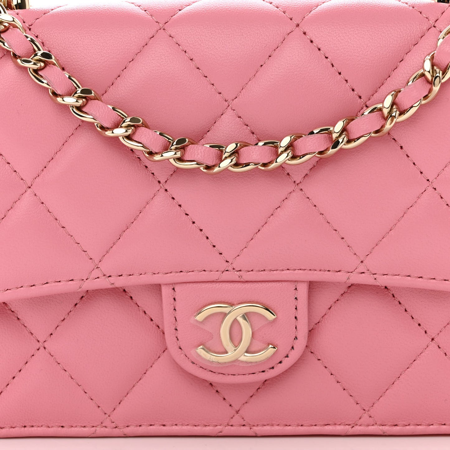 Lambskin Quilted Flap Phone Holder With Chain Pink