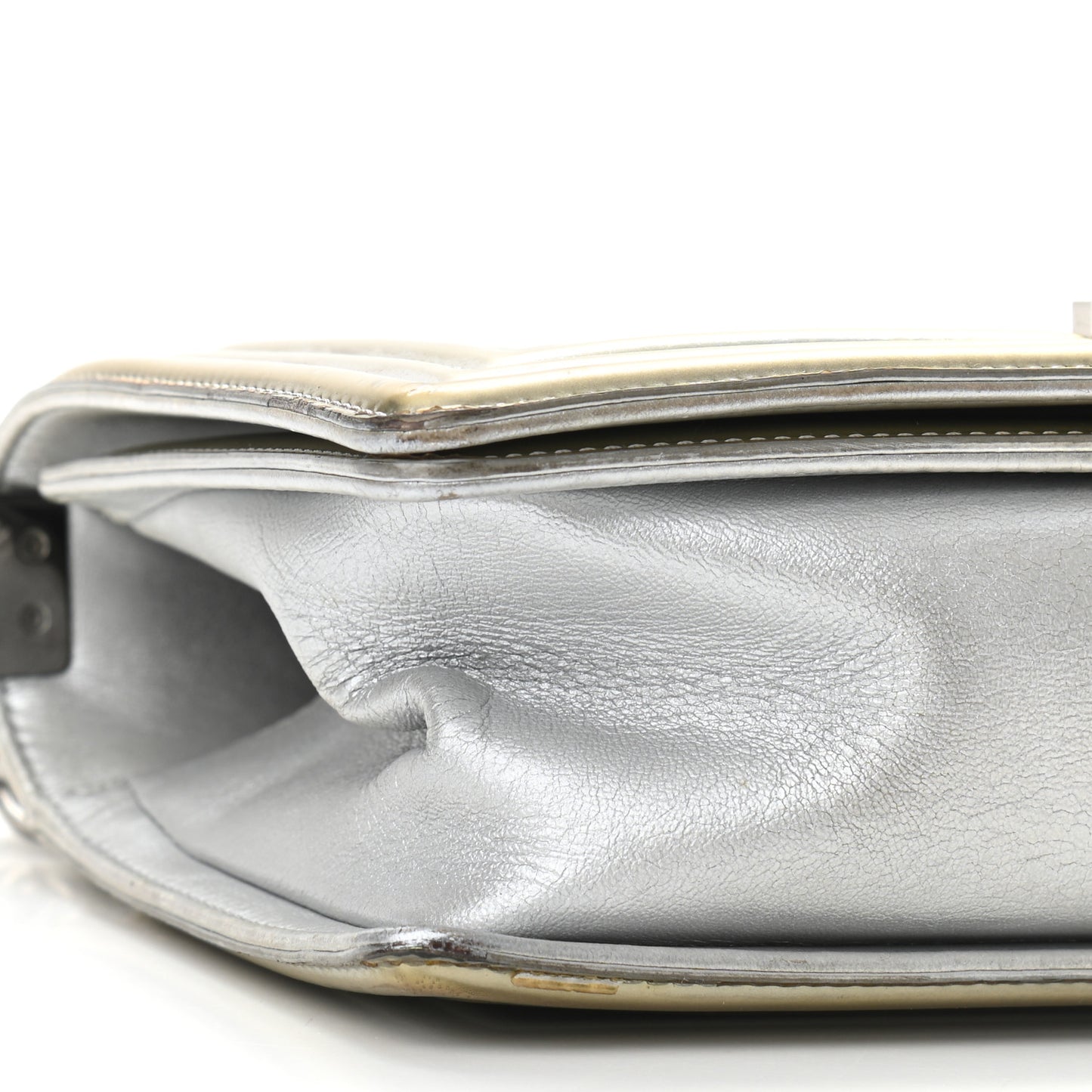 Metallic Patent Calfskin Quilted Medium Boy Flap Silver