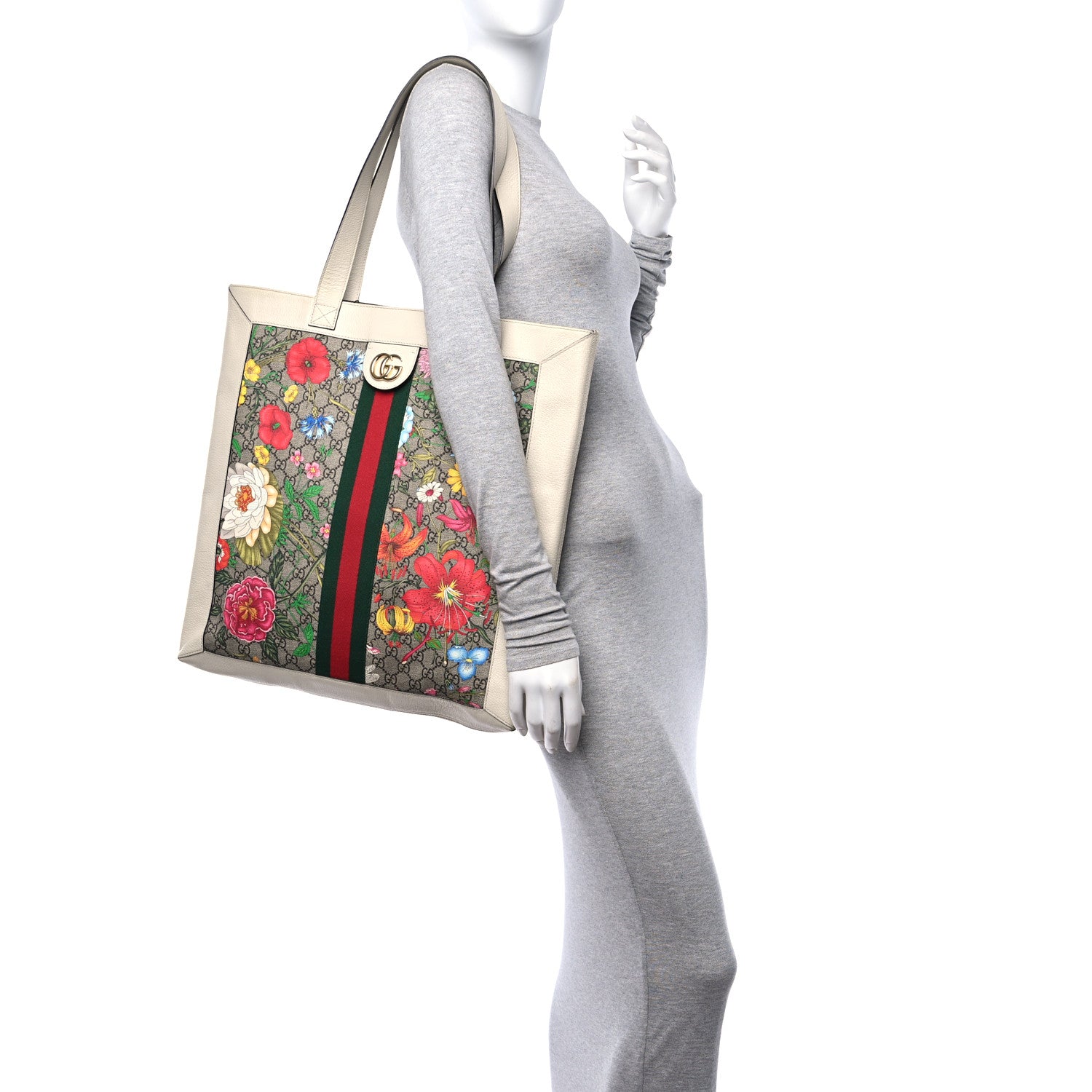 Gucci GG Supreme Monogram Flora Web Ophidia Vertical Shopping Tote White 2 of 13