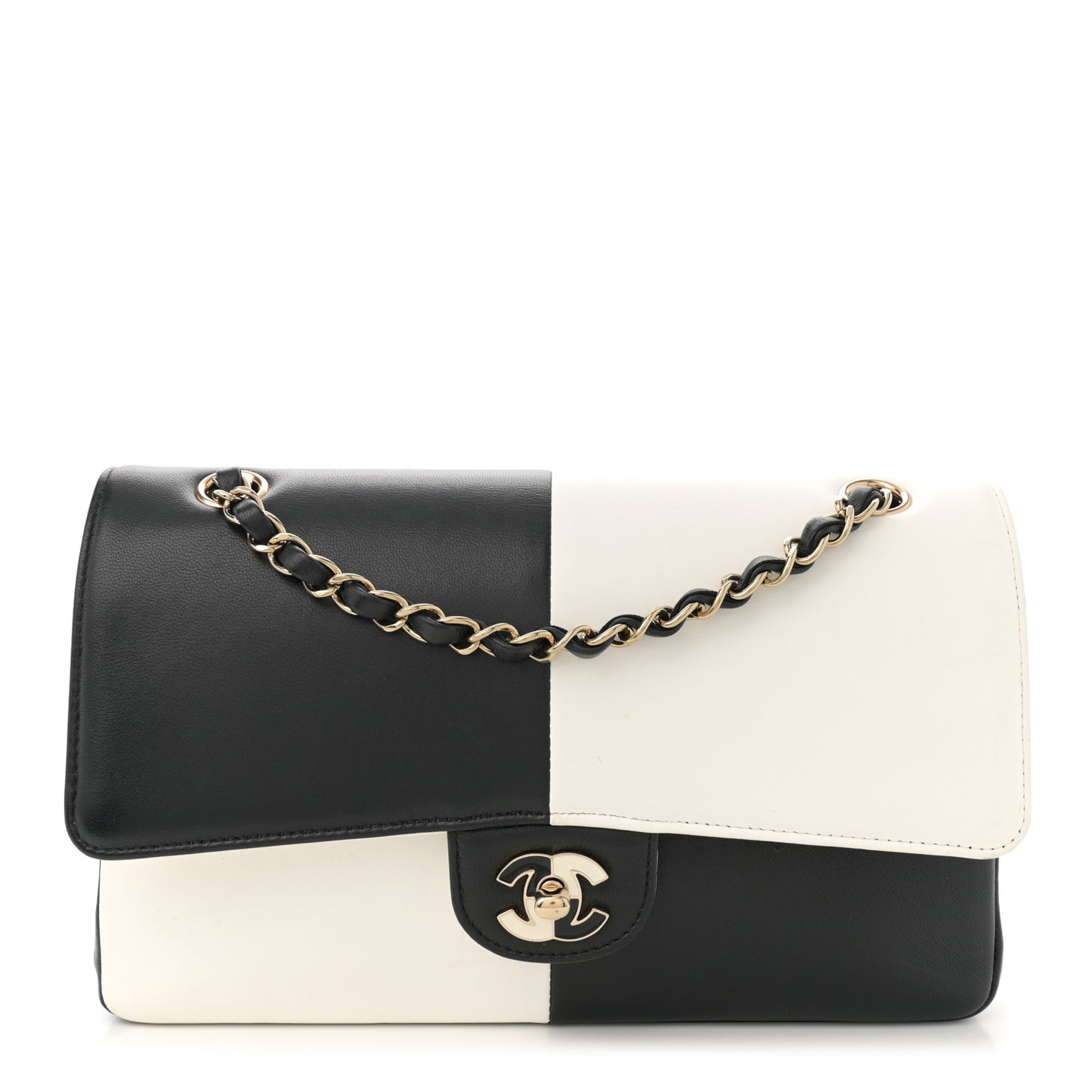 Lambskin Geometric Patchwork Medium Double Flap White Black