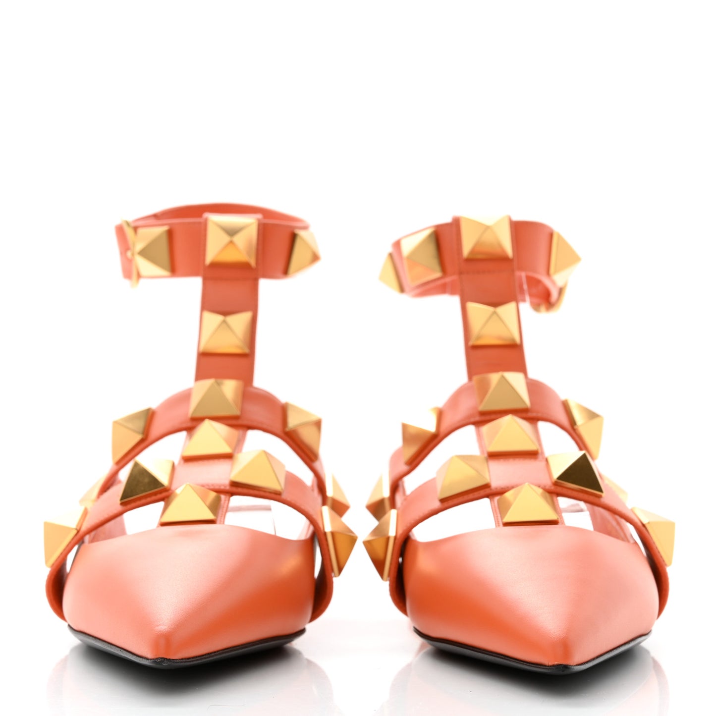Calfskin Roman Stud Ankle Strap Flat Mules 38 Orange Zest