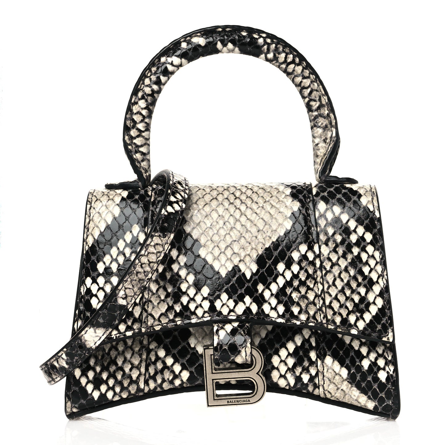 Shiny Calfskin Python Effect Hourglass Top Handle Bag Mini Black White